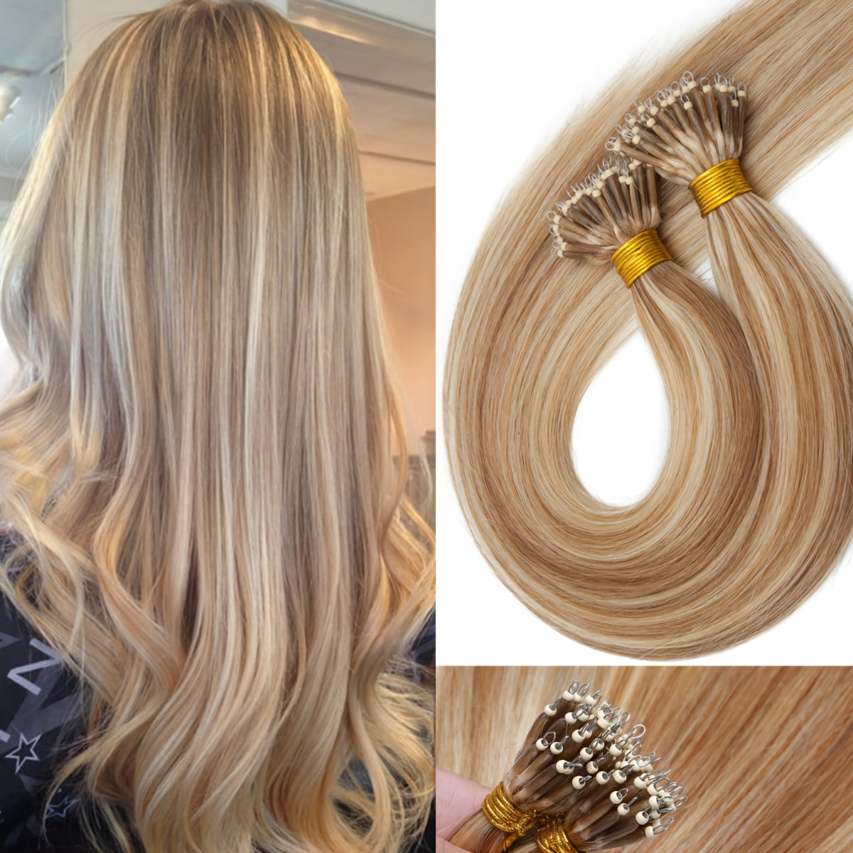 100% Human Hair Extensions - 50 Strands Nano Rings, Thick, Smooth, Remy Hair