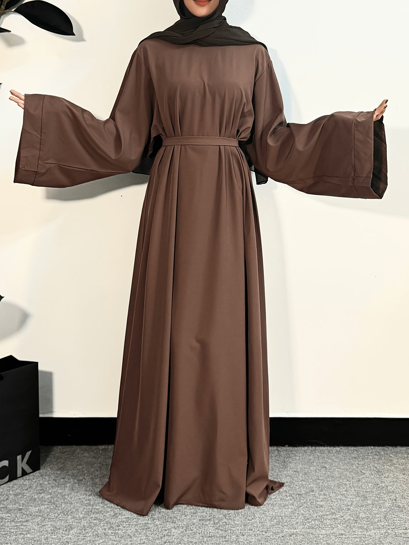 Women's Long Polyester Palestinian Abaya Kaftan with Belt - 100% Polyester, Solid Color, Regular Long Sleeve, Loose Fit, H-Contour, Woven, Non-Stretch, All Seasons, Full-Length Islamic Prayer Dress
