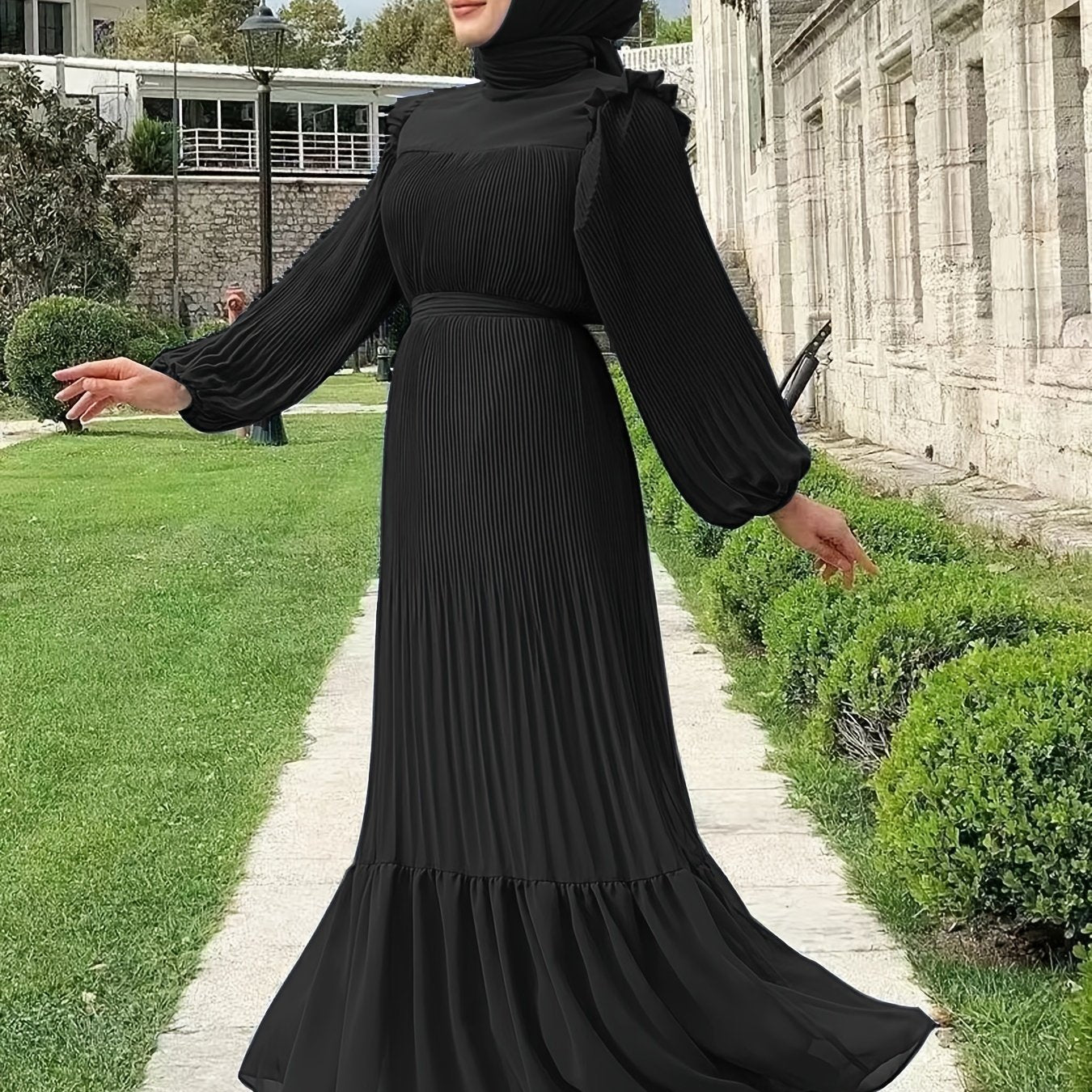 Women's Middle Eastern Muslim Baju Abaya Dress - Modest Long Sleeve Ruffled Hem Solid Color Traditional Dress with Belt, Machine Washable All-Season Casual Wear, Modest Apparel | Soft Texture
