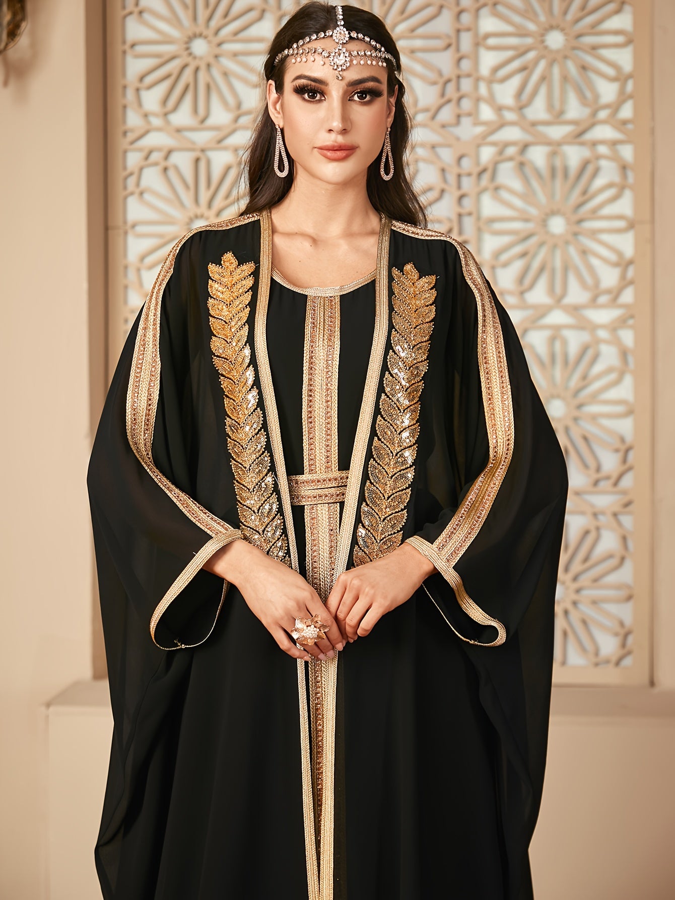 Elegant Ramadan Style Sequin Abaya Gown Dress with Mesh Overlay and Batwing Sleeves - Round Neck, Black with Golden Accents, Flowing Draped Waist, Perfect for Women's Fashion, Festive Attire|Elegant Attire