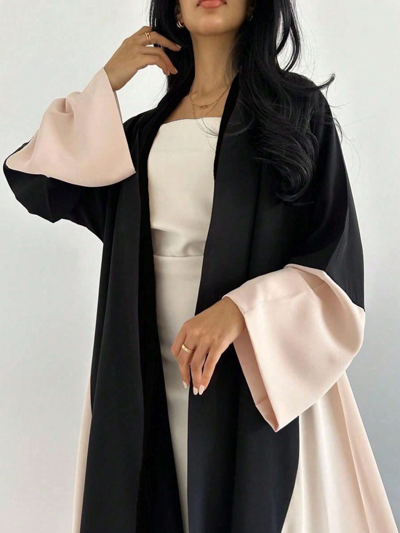 Women's Elegant Black & Beige/ Pink Two-Tone Abaya Burqa - Loose Fit Long Sleeve Maxi Dress, Non-Stretchy Islamic Gown for Everyday & Special Occasions, All-Season Muslim Formal Attire