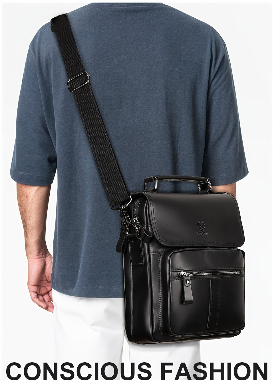 Men's Genuine Crazy Horse Leather Crossbody Bag - Adjustable Shoulder Strap, Multiple Compartments, Black Messenger Bag for Outdoor Travel & Business