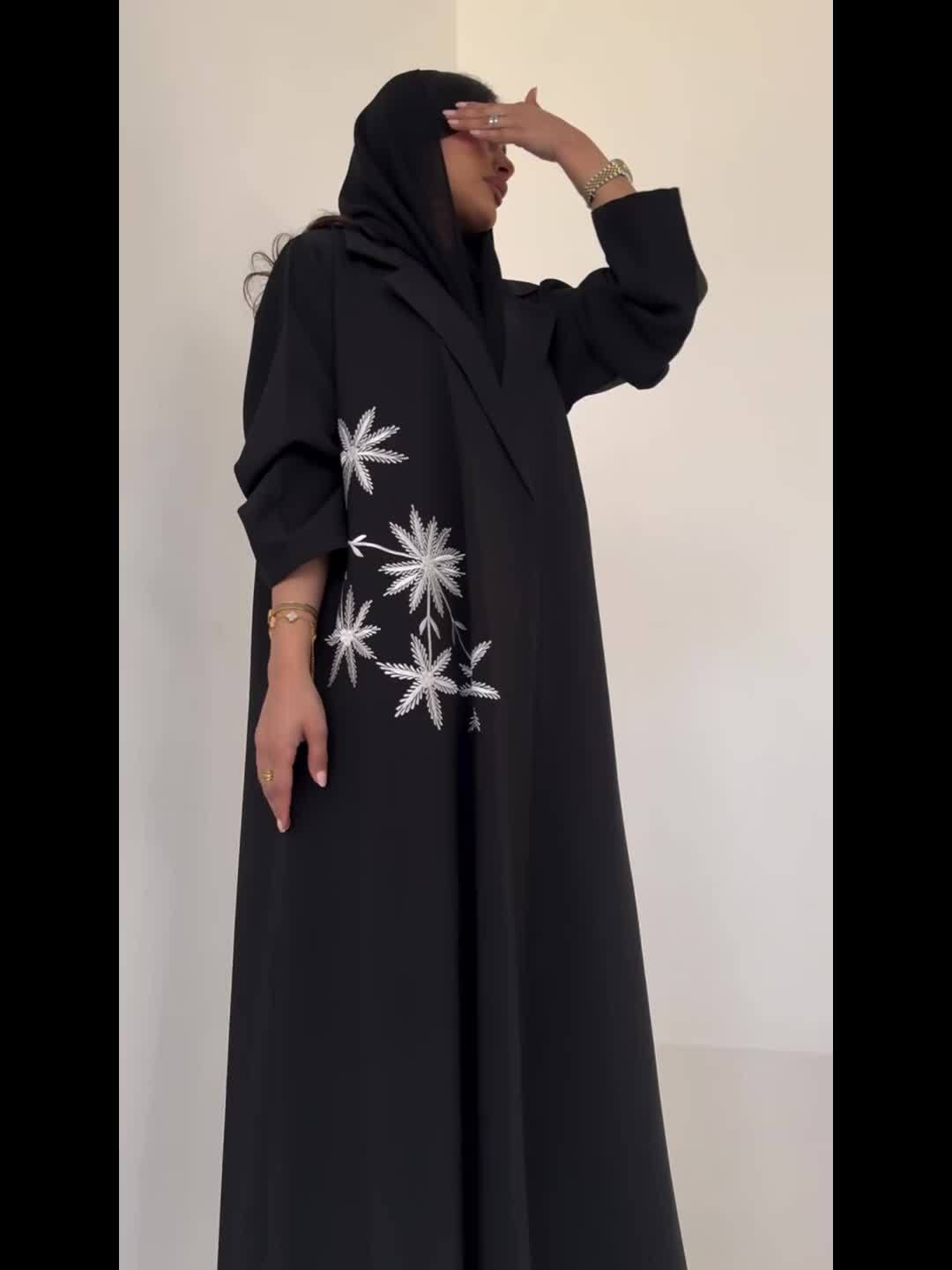 Elegant Black Modest Embroidered Abaya with Floral Pattern - Long Sleeve, Open Front, Loose Fit for Women - Perfect for Spring/Summer/Fall - Dubai Style, Modest Apparel | Elegant Abaya