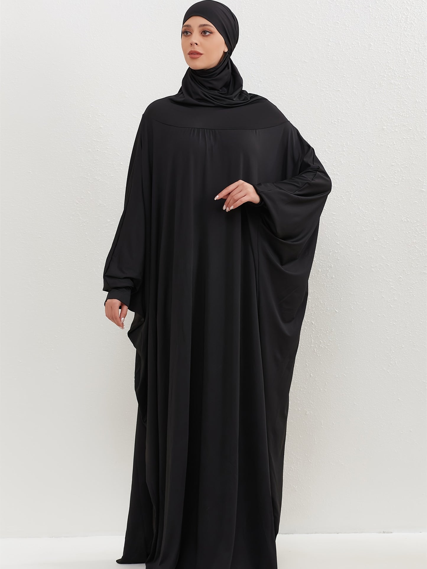 Ramadan Solid Hooded Kaftan, Elegant Batwing Sleeve Arabic Abaya, Women's Clothing
