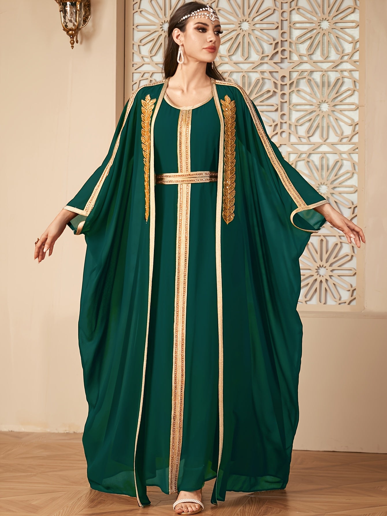 Middle East New Arrival Vest Abaya Dress + Open Cardigan Sequin Paneled Webbing Batwing Sleeve Long Robe Two-Piece Dress Set