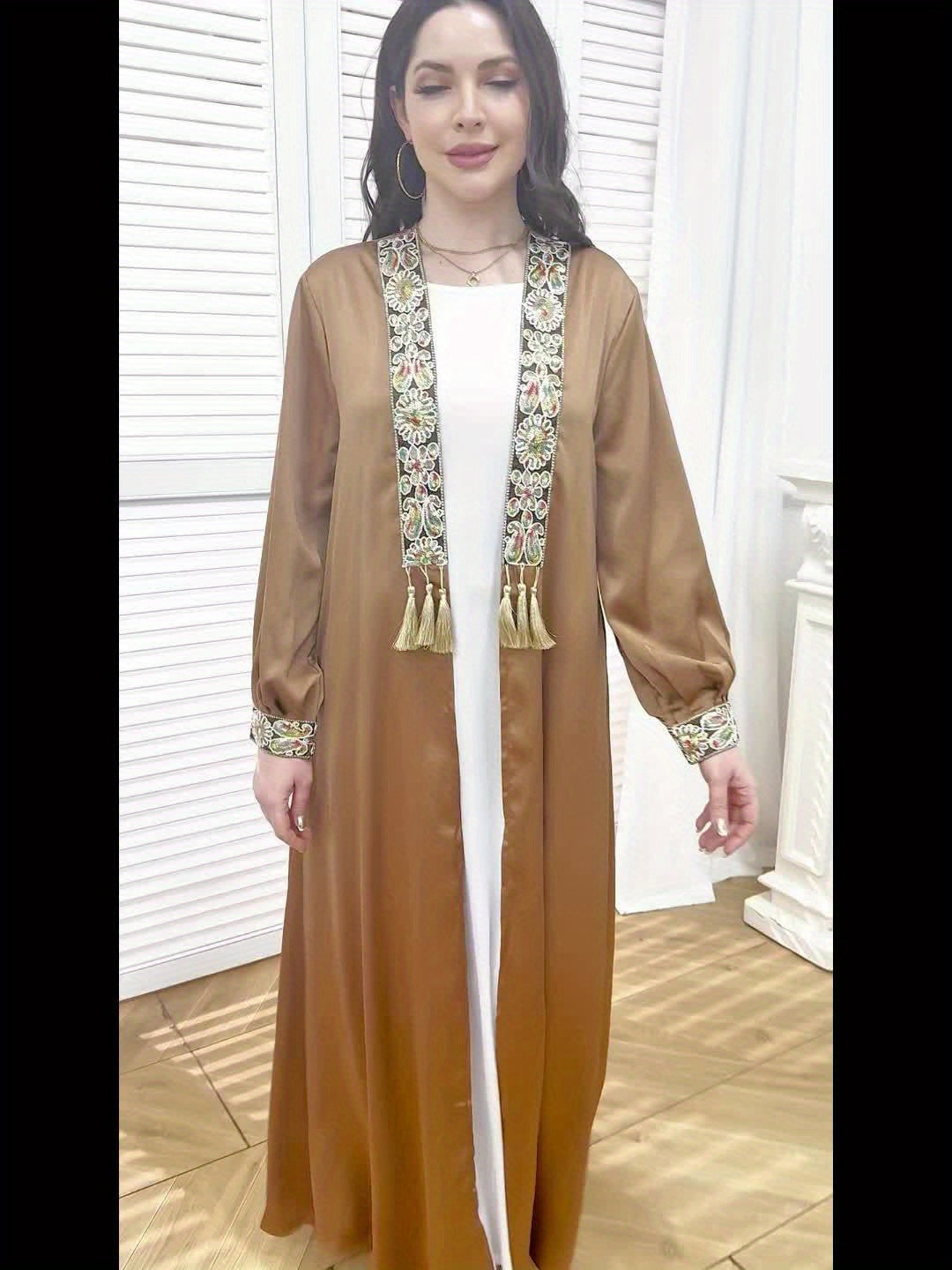 Middle East Dubai New Evening Dress Muslim Women's Open Front Tassel Pendant Abaya Two-Piece Set