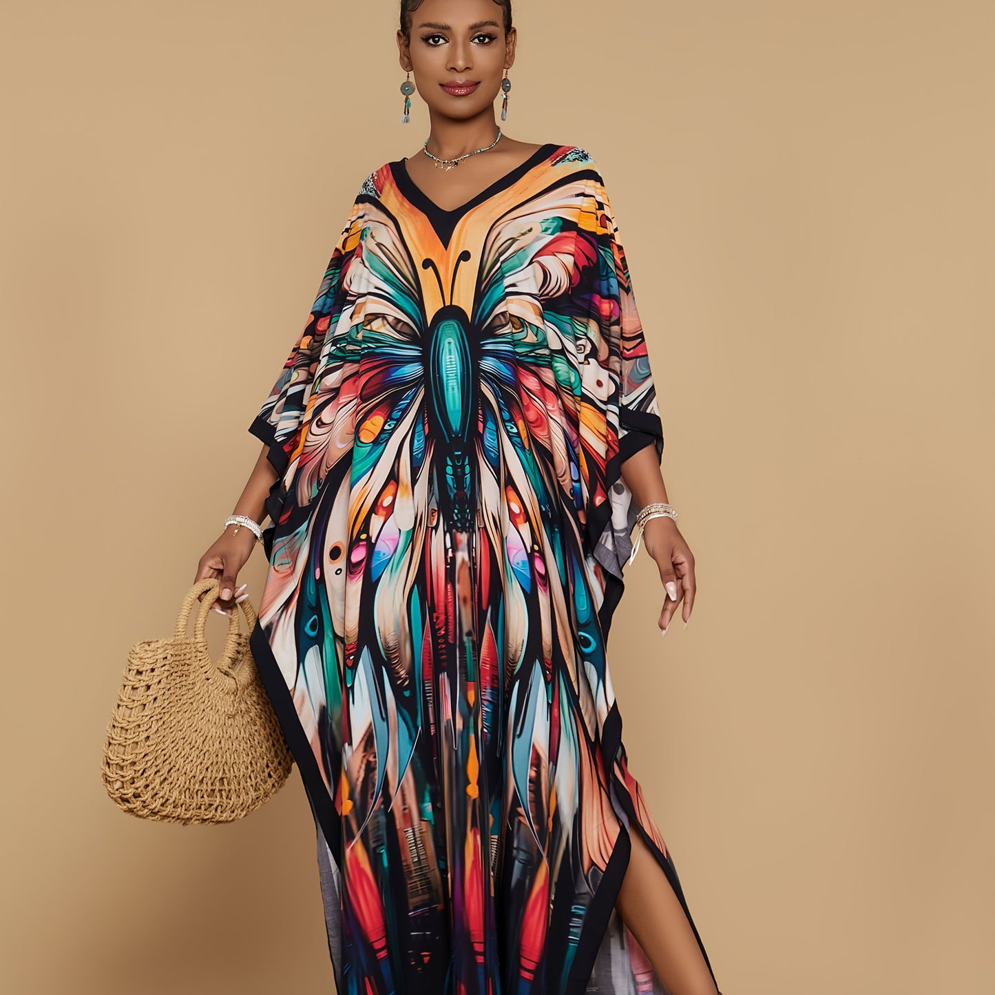 Kaftan Dresses For Women Bohemian Printed V-neck Beach Coverup Batwing Sleeves Kaftan Robe Casual Home Vacation Swimwear Coverup Ethnic Style Dress