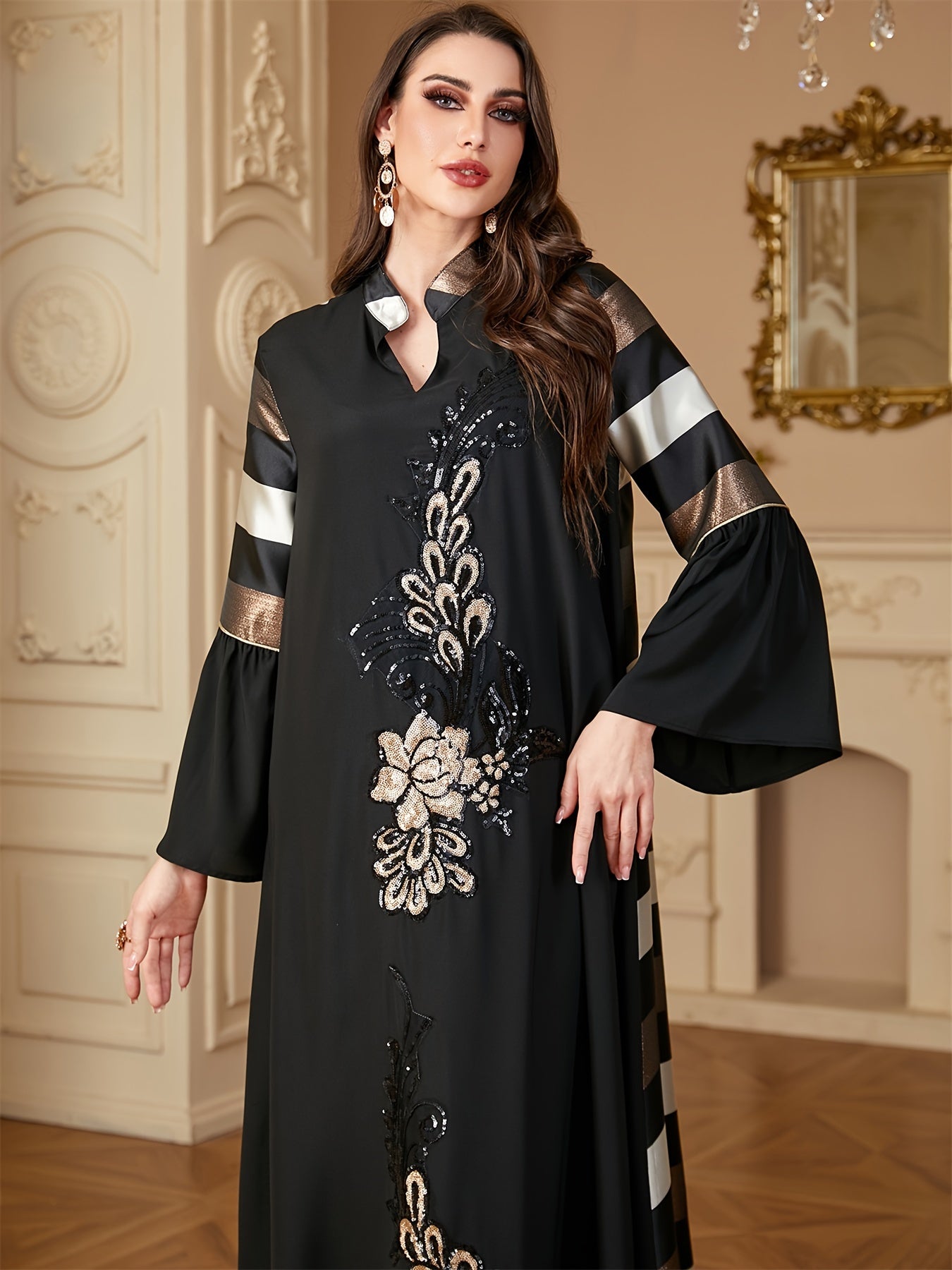 Black & Golden Ramadan Abaya Dress | Loose Fit, 100% Polyester, Long Sleeve, Modern Floral Print, Sequin Patchwork Kebaya for Muslim Women - Modest Eid & Daily Wear
