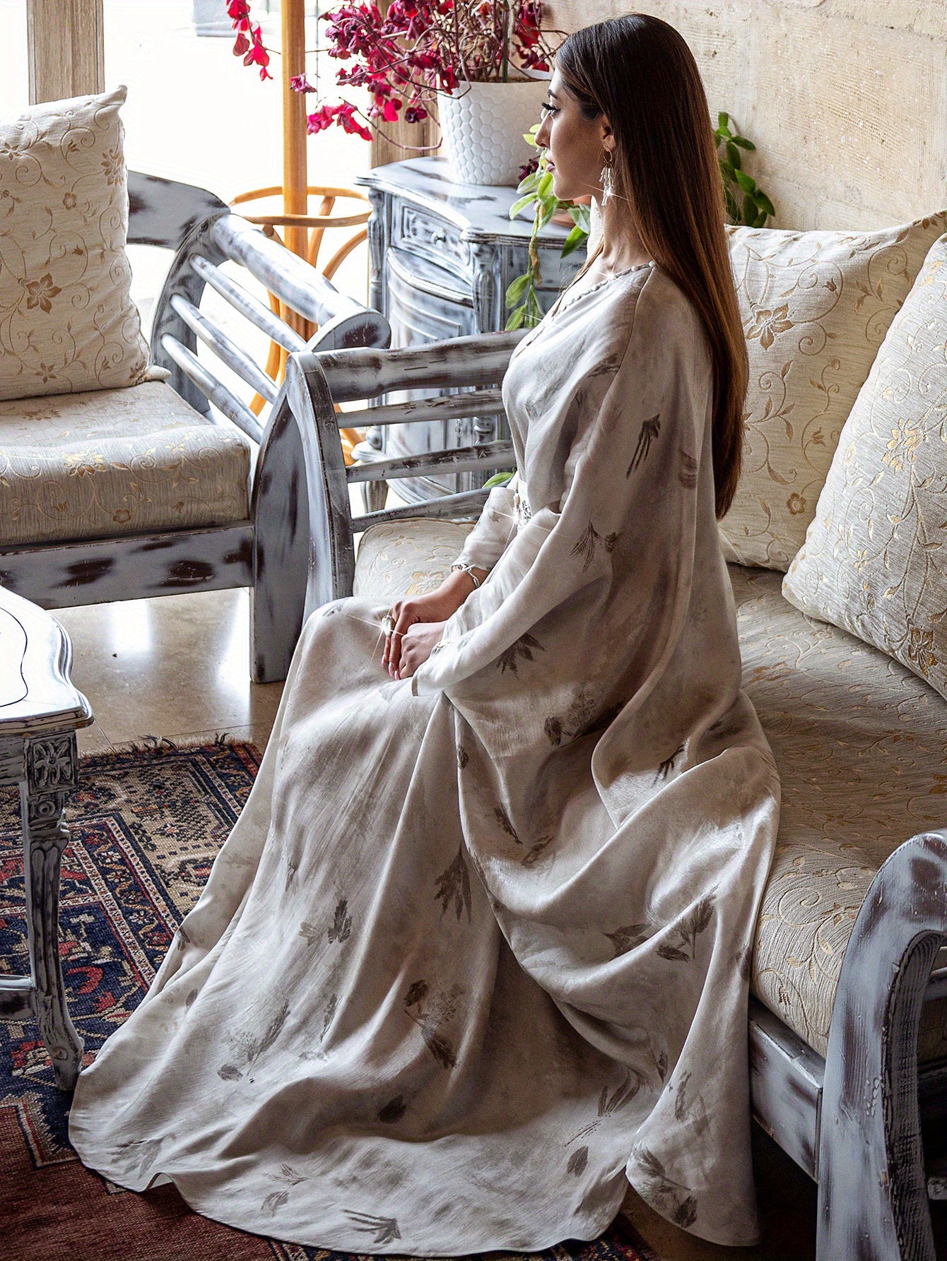 Elegant Turkish Long Tunic with Hand-Stitched Rhinestone Embellishments, Metallic Sheen Soft Fabric Abaya, Floral Pattern, Long Sleeve, Regular Fit for Women - Ideal for Parties & Gatherings, Party Attire
