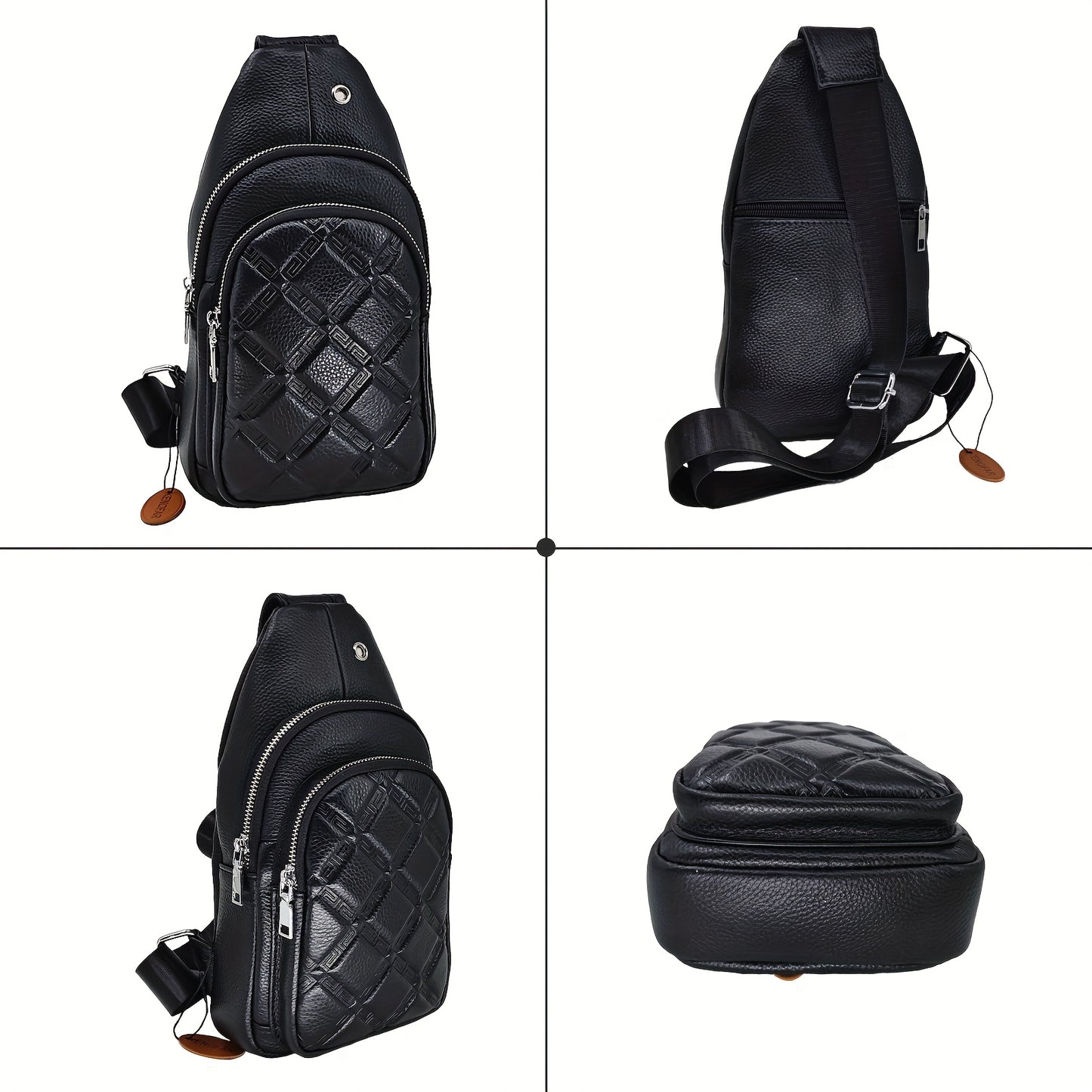 Men's Genuine Leather Quilted Sling Bag - Adjustable Strap, Black Chest & Crossbody Bag, 11.8" Height, Lightweight & Stylish for Casual Use