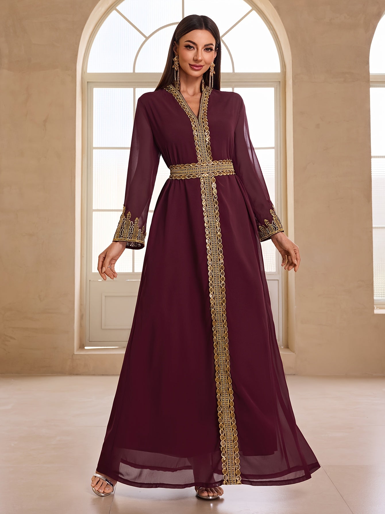 Elegant Women's Banquet Evening Modern Abaya - Maroon Chiffon with Golden Lace Embroidery, Stand Collar, Long Sleeves, and Waistband, Perfect for Formal Events, Formal Evening Wear