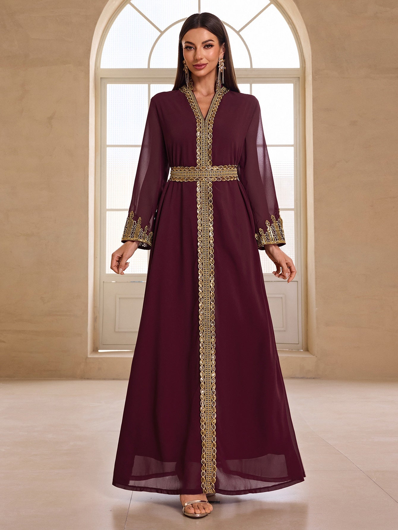 Elegant Women's Banquet Evening Modern Abaya - Maroon Chiffon with Golden Lace Embroidery, Stand Collar, Long Sleeves, and Waistband, Perfect for Formal Events, Formal Evening Wear