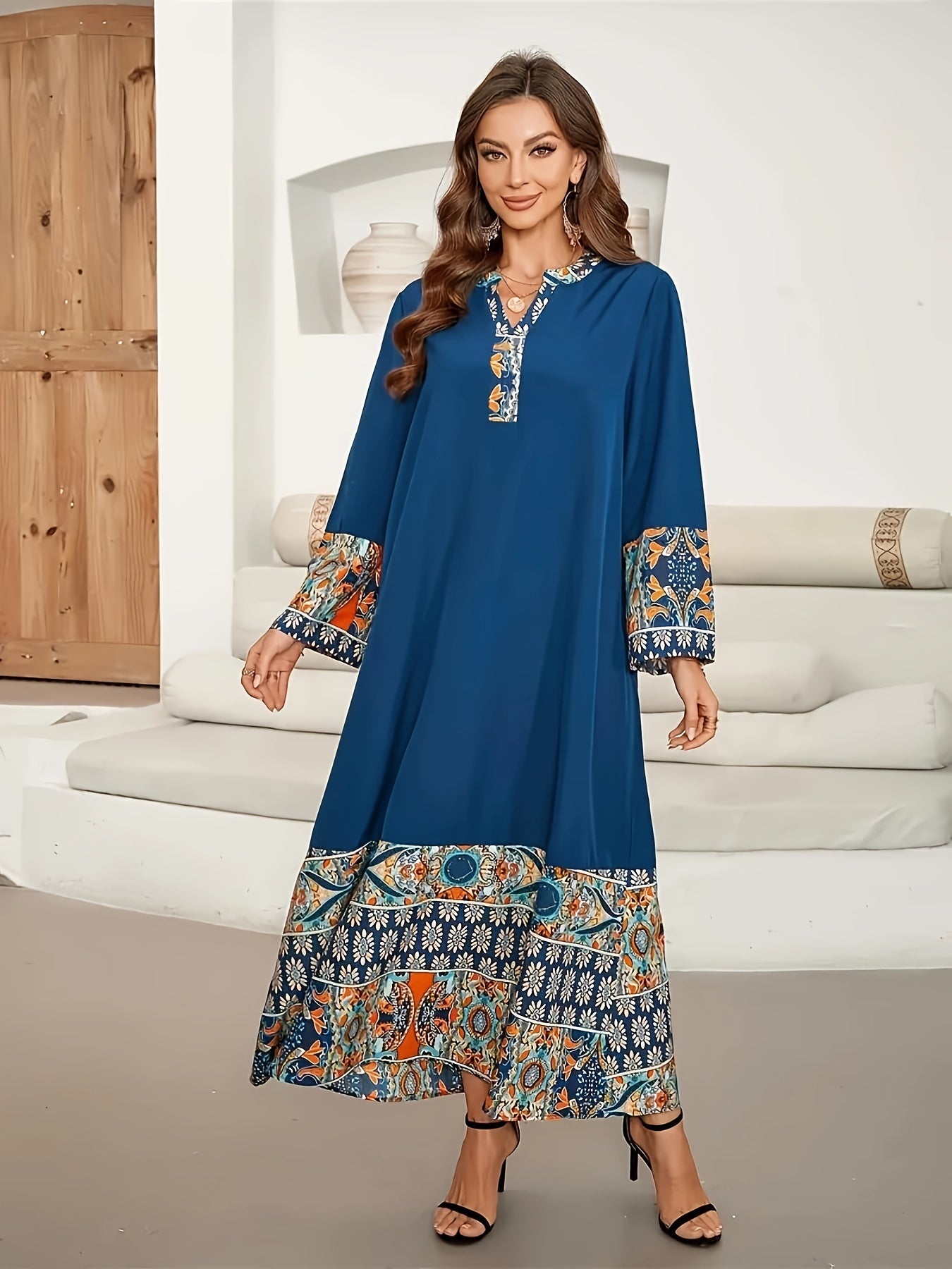Elegant Muslim Kaftan Abaya Dress | Middle Eastern-Inspired Ethnic Floral Print with Blue/Orange/White/Black, Asymmetrical Hem & Lace Trim, X-Line Silhouette, Adjustable Waist Tie for Modest Women