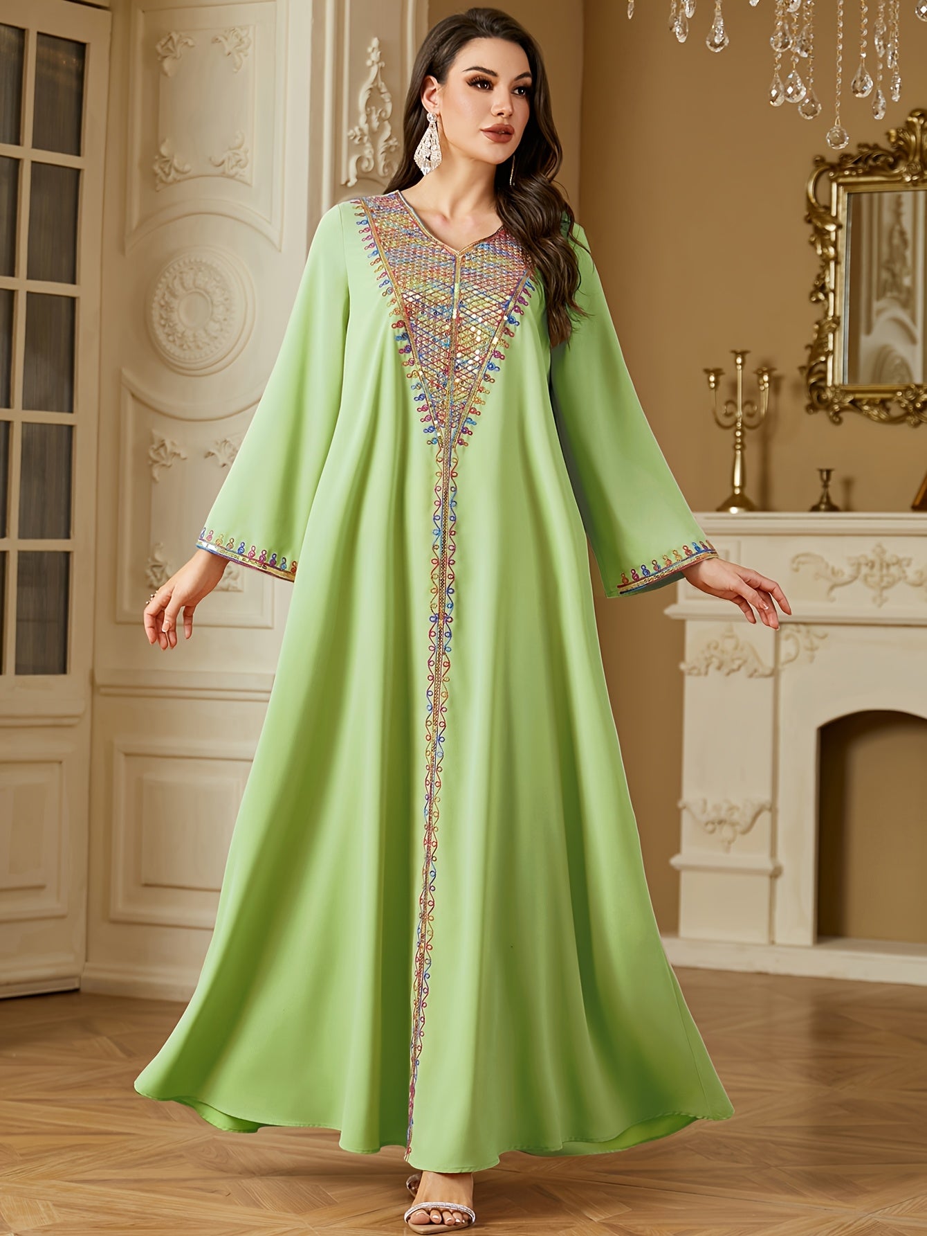 Elegant V-Neck Long Sleeve Kaftan Abaya with Sequin Detail - Polyester, Non-Stretch, Regular Fit for All Seasons