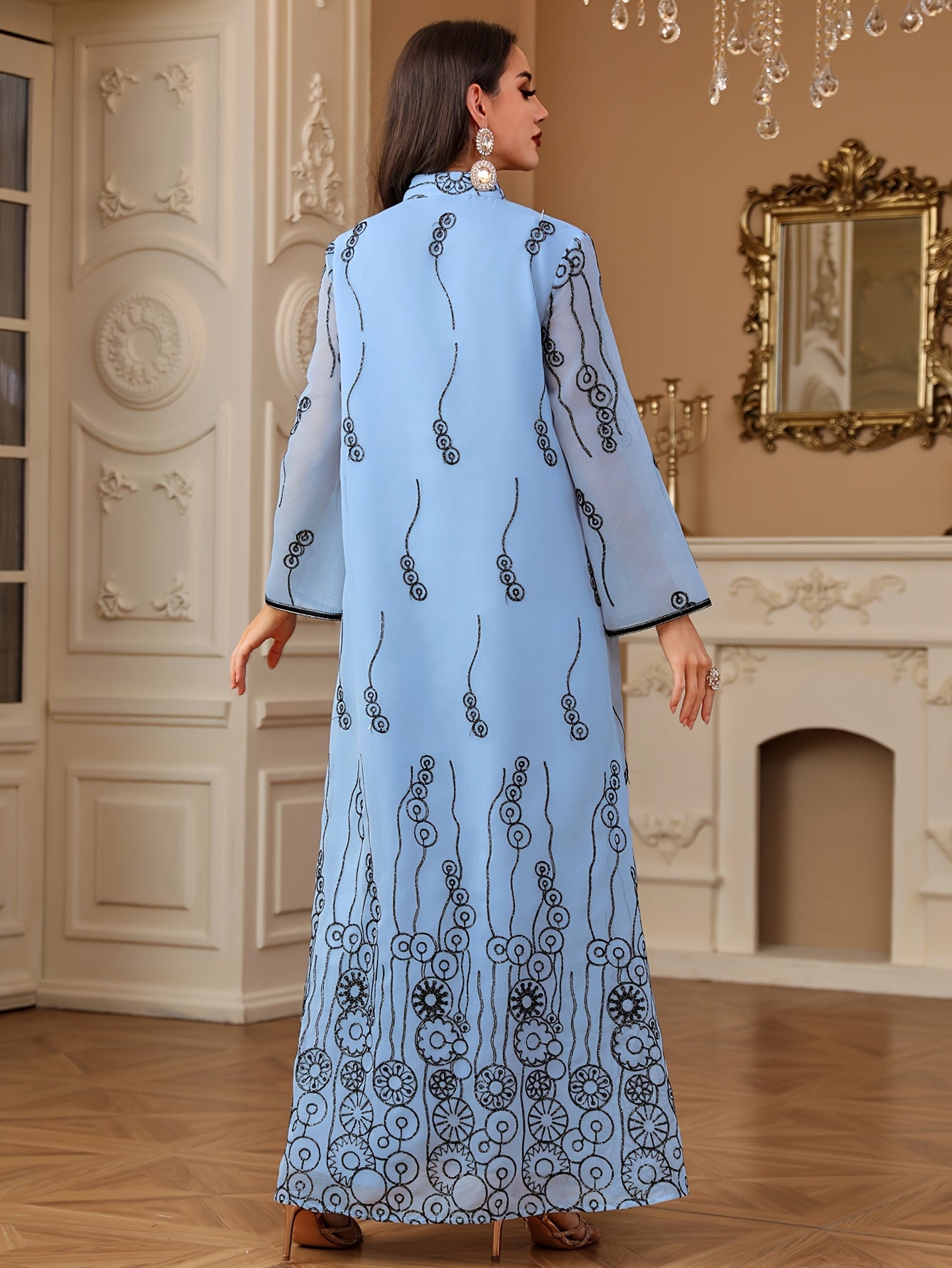 Elegant Floral Sequin Embroidered Beaded Long Sleeve Kaftan Abaya Dress, 100% Polyester, Non-Stretch Woven Fabric, Regular Fit, All Seasons, Contrast Detail, 120Gsm
