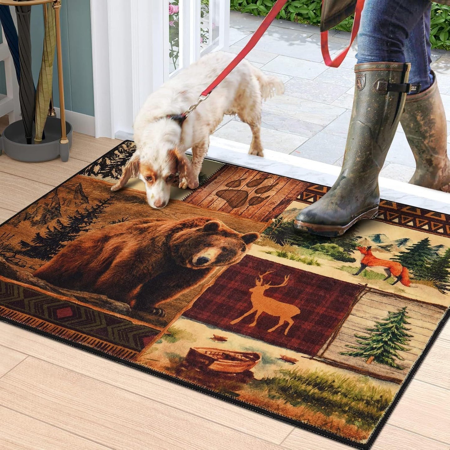small house bear moose throwing carpet, area carpet in farmhouse style, used for living room and bedroom entrances, non slip washable soft brown floor carpet, retro rural wildlife home decoration area carpet