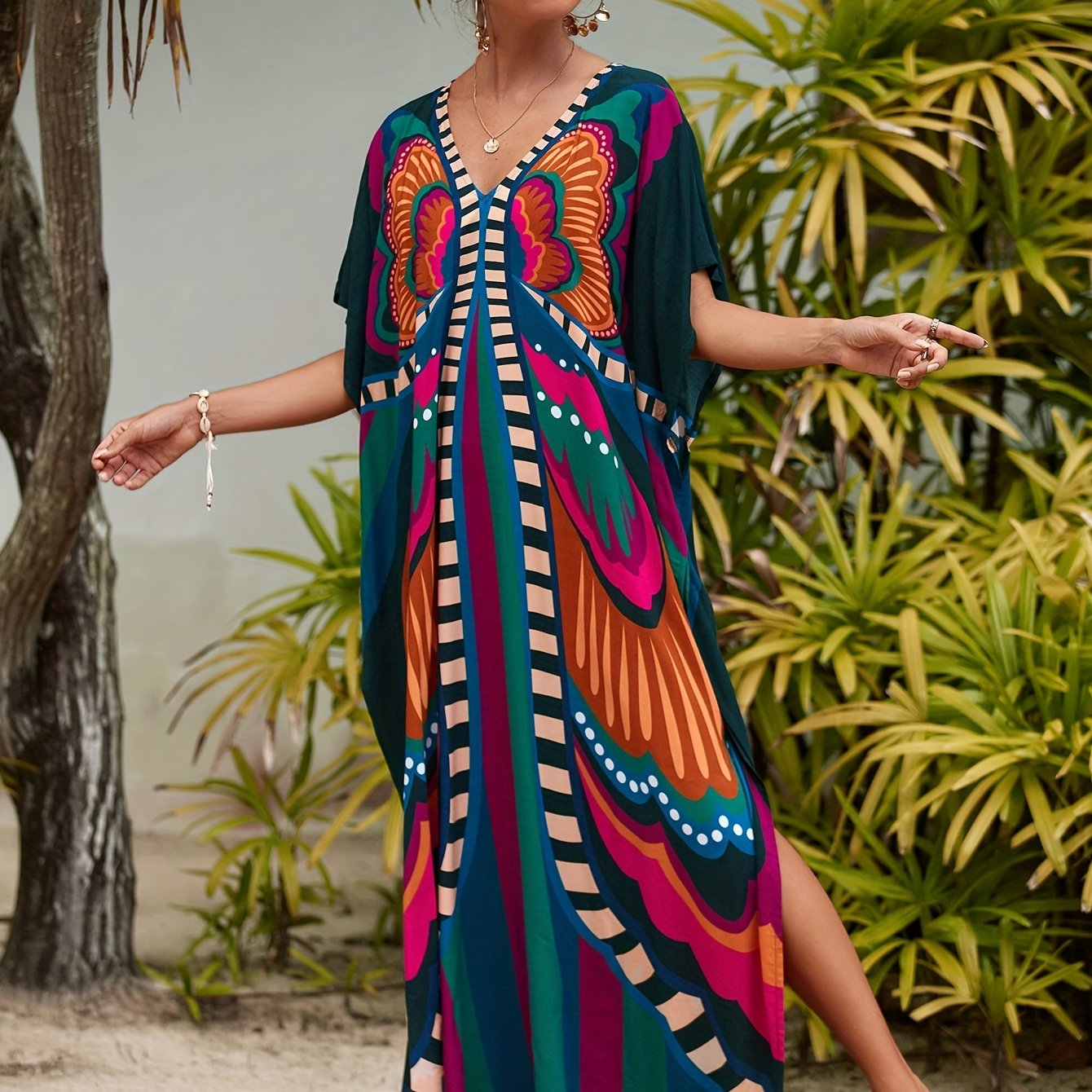 Women's Boho Maxi Kaftan Dress, V-Neck Long Dress Swimsuit Cover-Up, Casual Plus-Size Beachwear For Summer Vacation