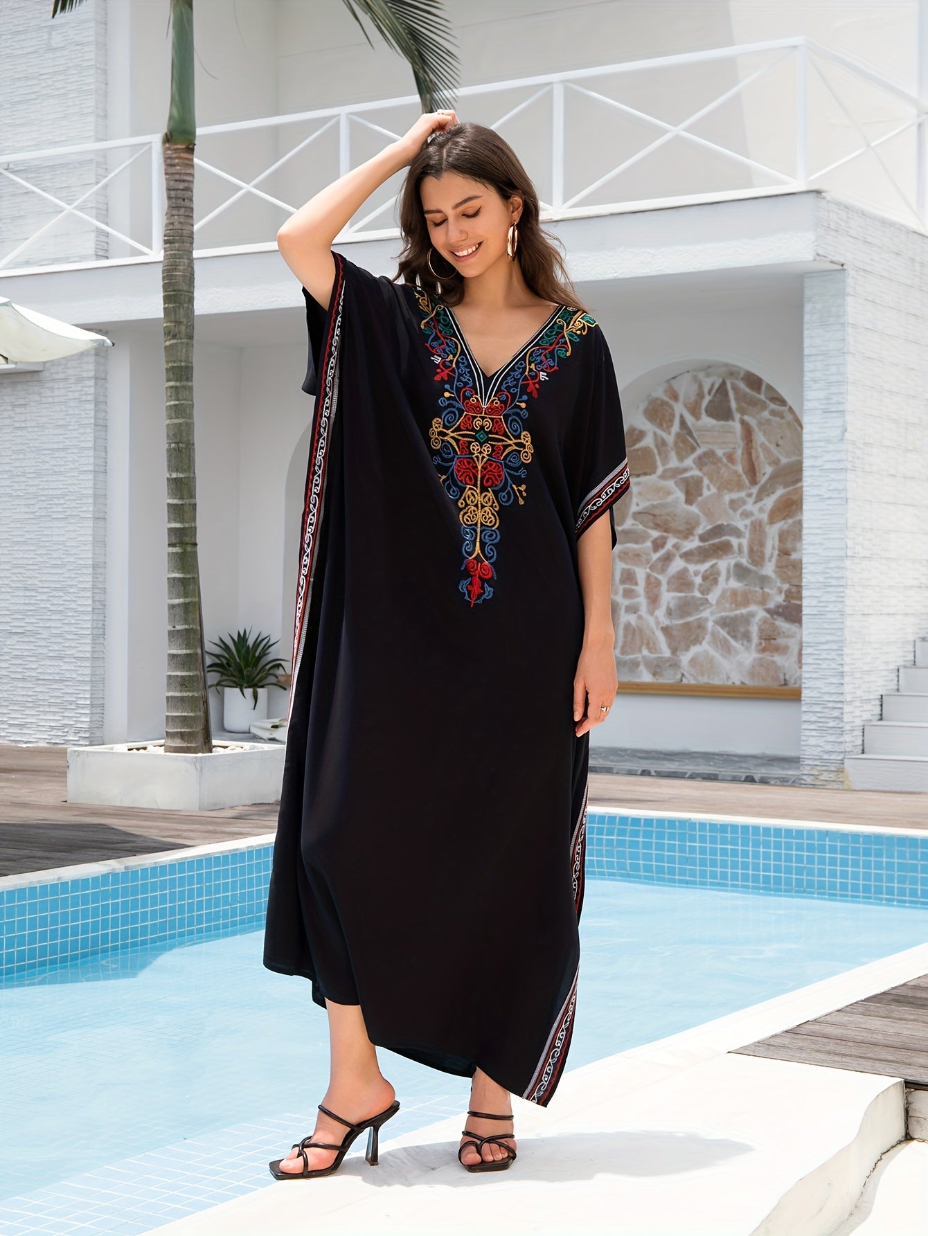 Women's Embroidery Swimsuit Cover Ups Beach Cover Up Kaftan Plus Size V Neck Ethnic Style Batwing Sleeve Kaftan Dress - For Women - Suitable for Beach, Pool, Vacation - Perfect Gift for Summer