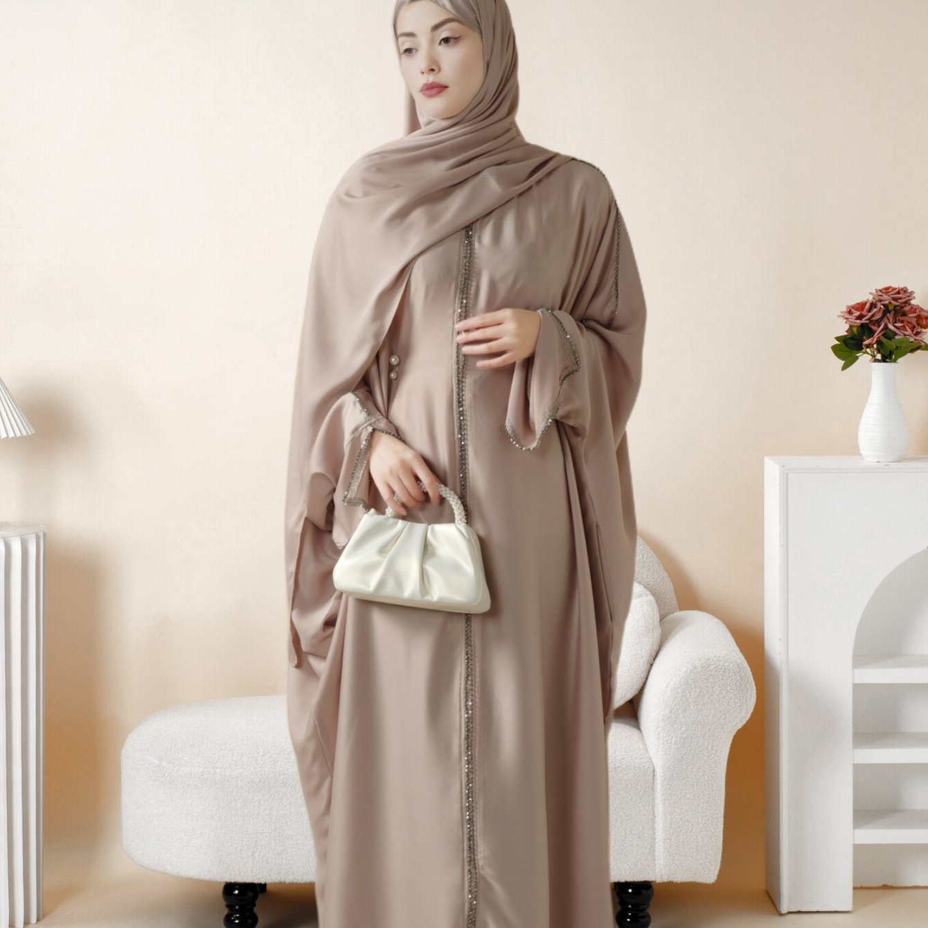 Batwing Emirati Abaya with Matching Hijab | Batwing Sleeve Abaya – Elegant Middle Eastern Arab, Islamic Style Shawl Robe Dress for Women, Long Skirt, Ramadan Prayer Outfit
