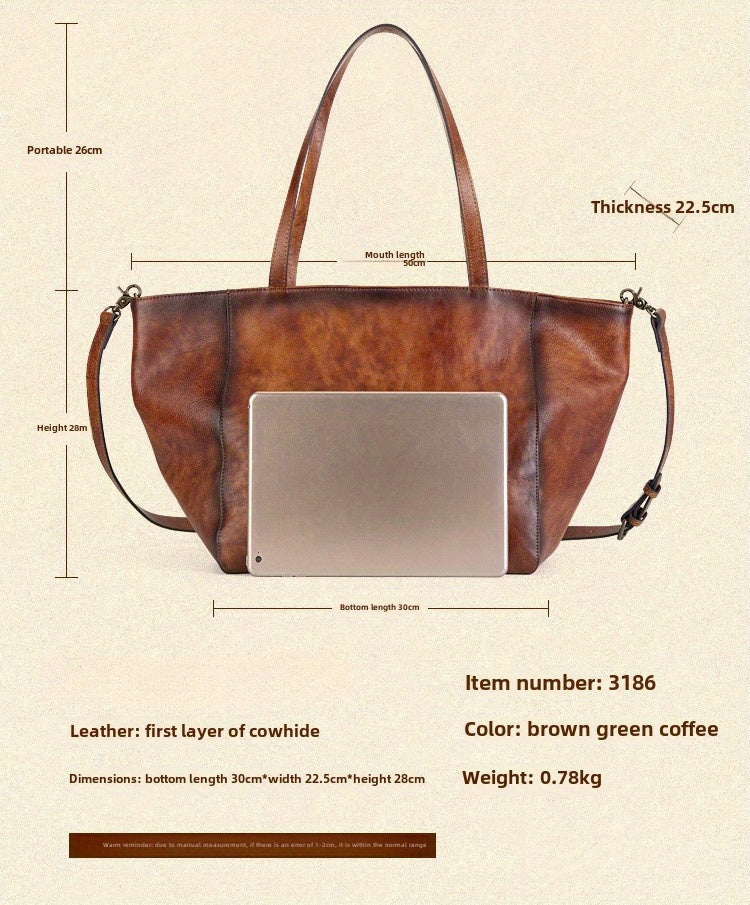 Tanned Cowhide Large Capacity Tote Bag, Genuine Leather One-Shoulder Cross-Span Bag Women's Large Bag Shopping Bag