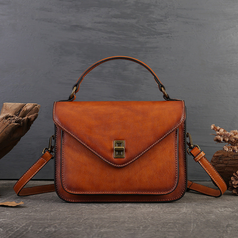 Women's Genuine Leather Retro Messenger Bag - Adjustable Crossbody & Shoulder Strap, Snap Closure, Durable Oil-Edged Trim