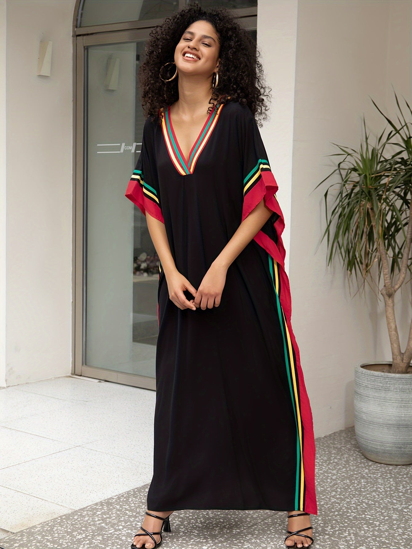 Stylish Women's Kaftan Maxi Dress - Comfortable Batwing Sleeve V Neck Design