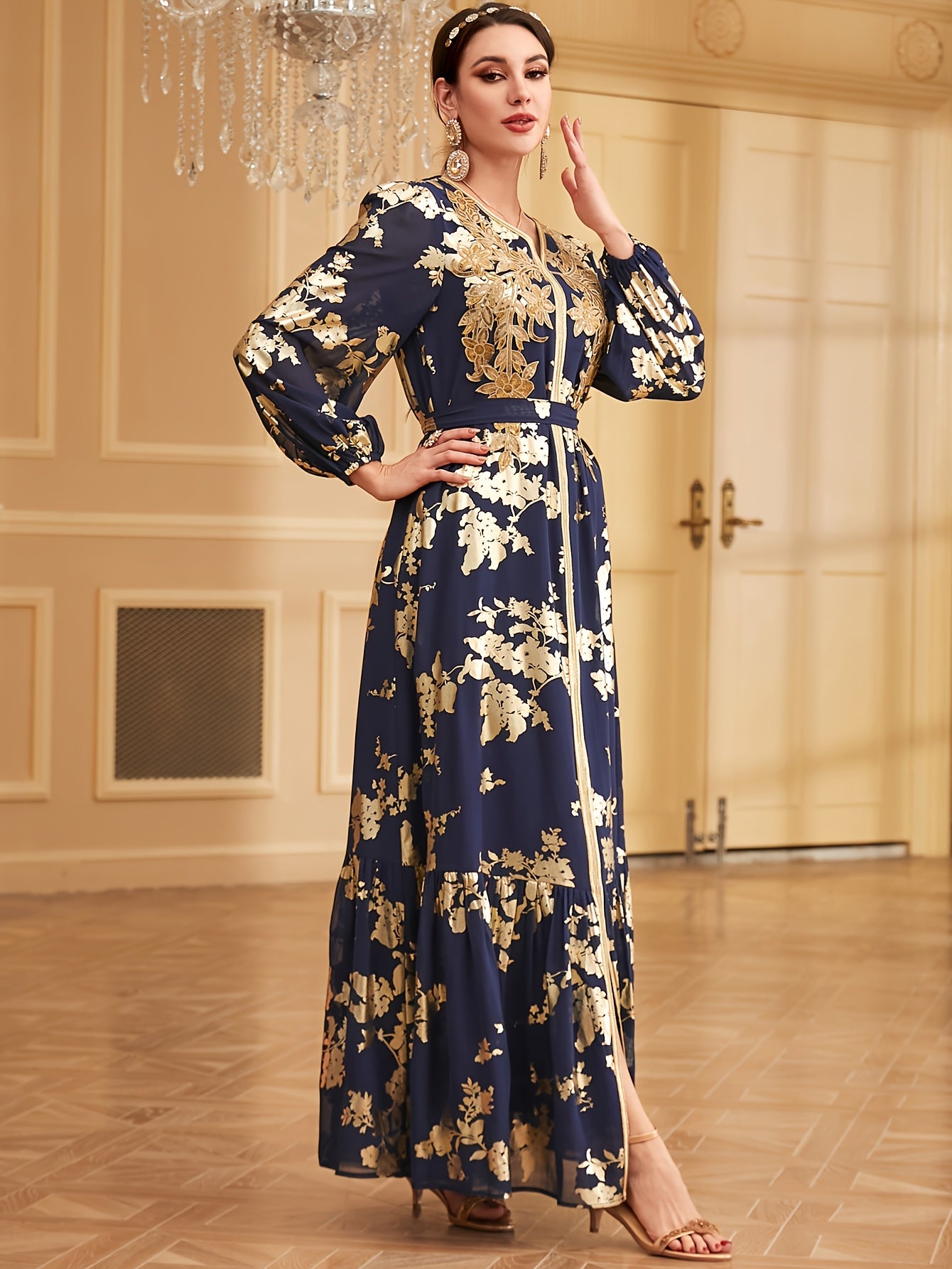 1pc Elegant Embroidered Long Sleeve Modern Abaya with Golden Accents, Polyester 100%, Regular Fit, All-Season Floral Print with Slit Hem and Waist Belt