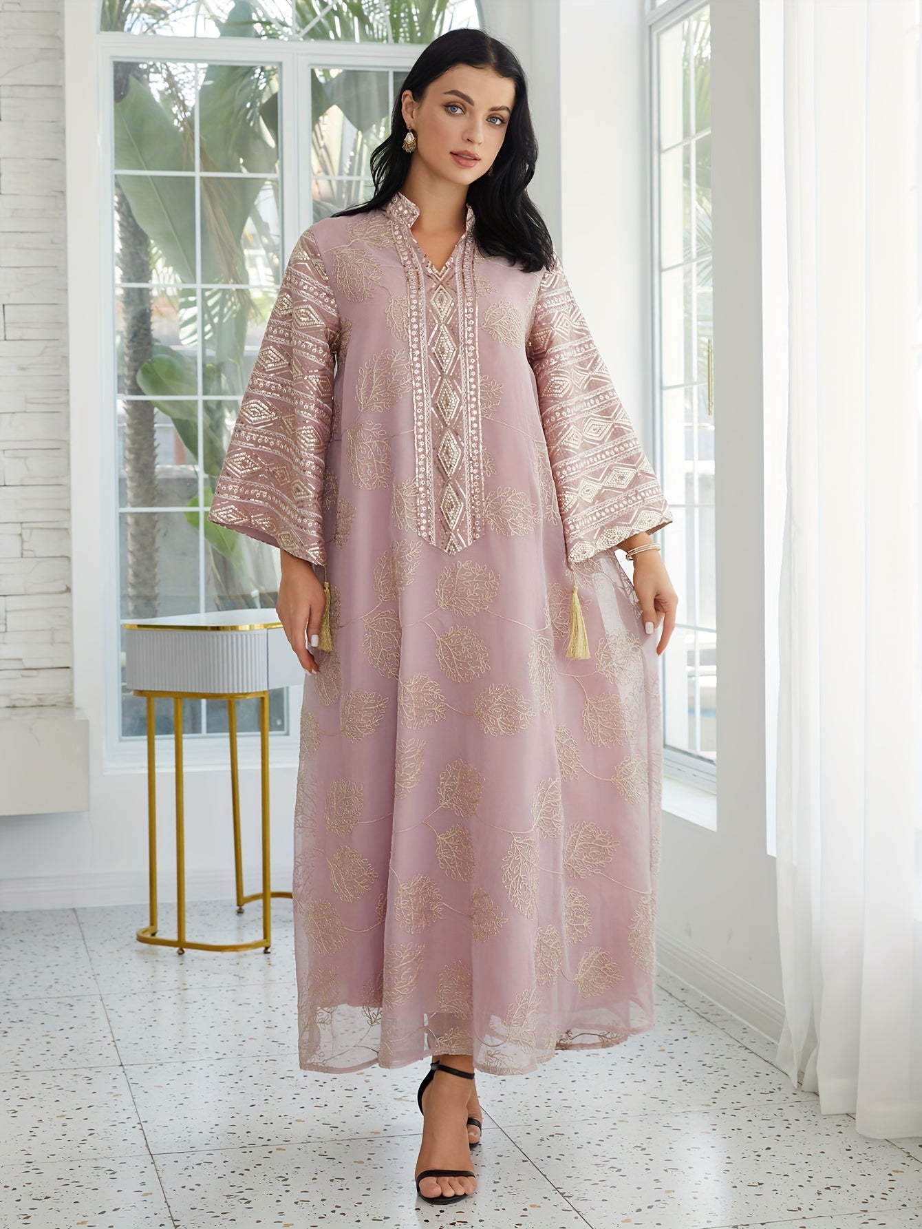 Oriental Middle Eastern Muslim Eid New Style Dress Women's Abaya V-Neck Regular Fashion Slit Sleeve Mesh Embroidery Beaded Craft Evening Gown Jalabiya Turkish Evening Wear Abaya