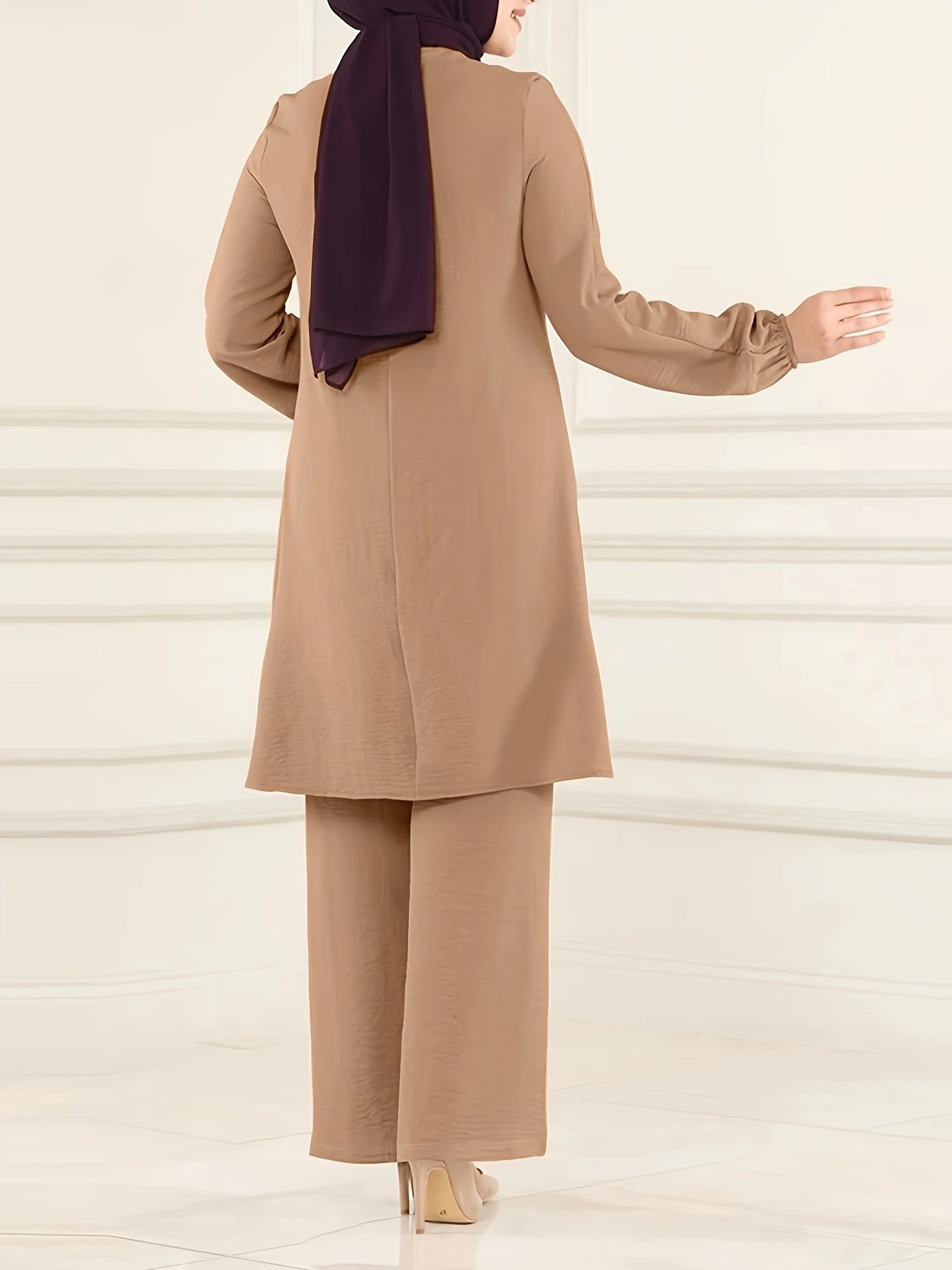 Ramadan Elegant Pure Muslim Two Piece Set, Long Sleeve Round Neck Top and straight-leg Pants Jilbaab Outfits, Women Clothing