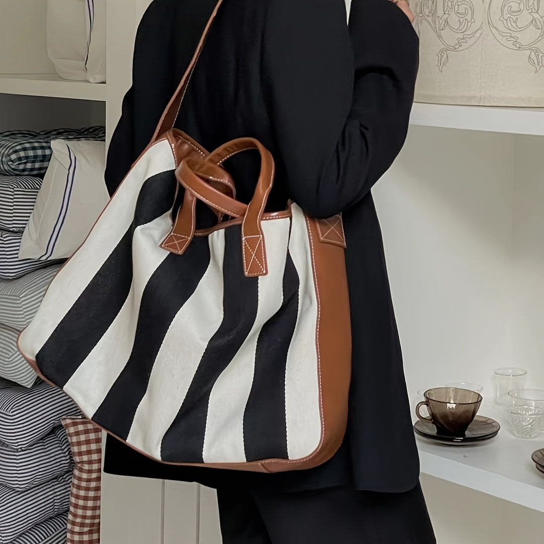 Genuine Leather & Large Capacity Striped Tote Bag for Women - 15-inch Laptop Compartment, Magnetic Closure