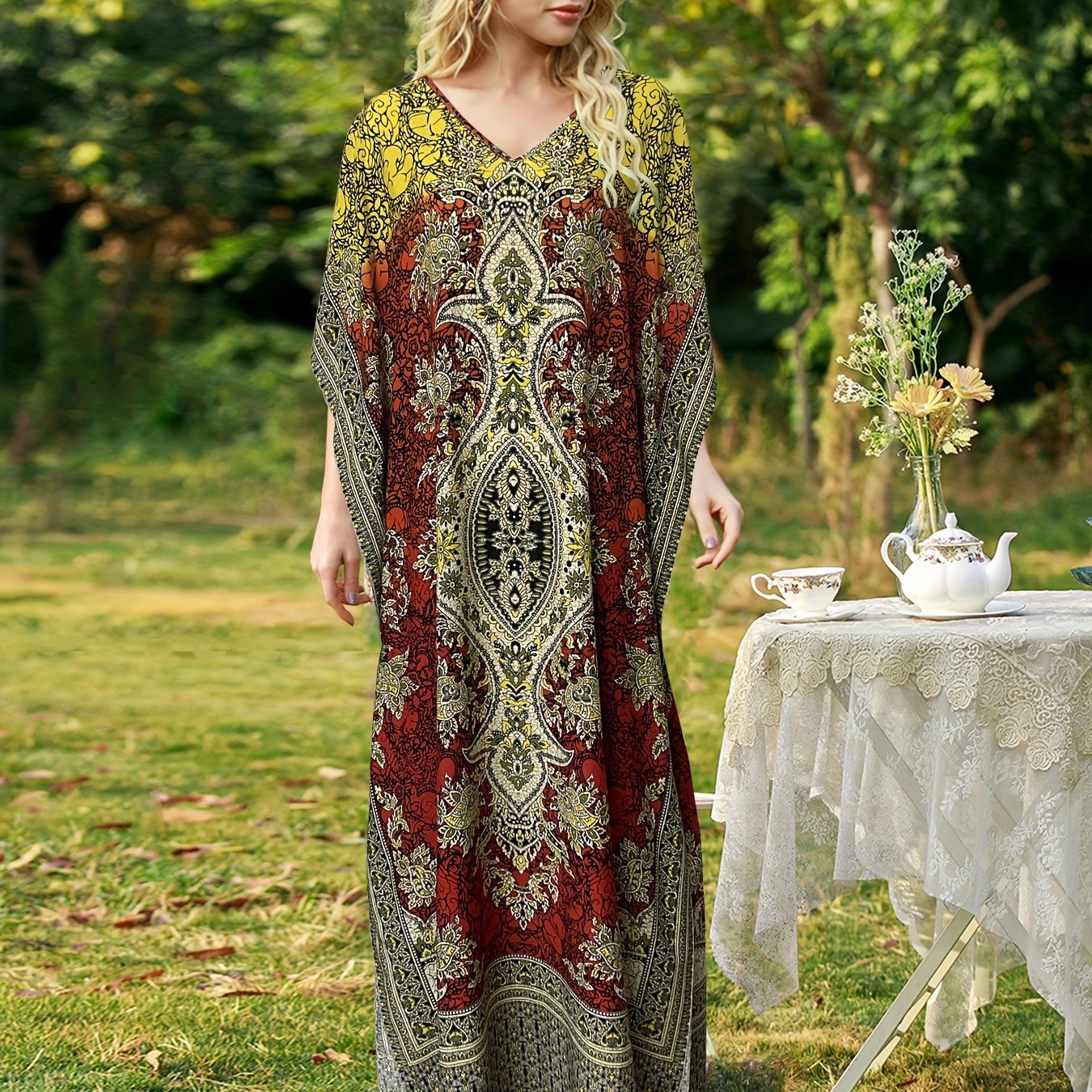 Plus Size, European and American Plus Size Women's Bohemian Vacation Dress with Middle Eastern Kaftan Abaya Style