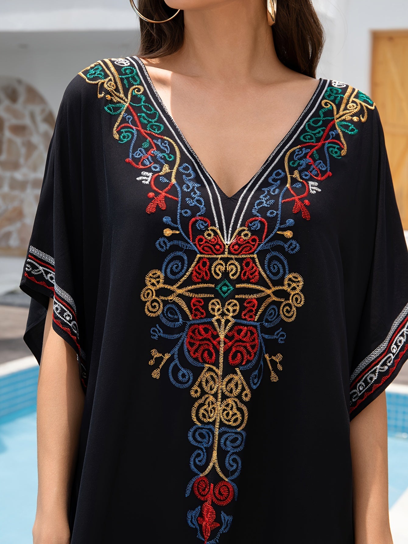 Women's Embroidery Swimsuit Cover Ups Beach Cover Up Kaftan Plus Size V Neck Ethnic Style Batwing Sleeve Kaftan Dress - For Women - Suitable for Beach, Pool, Vacation - Perfect Gift for Summer
