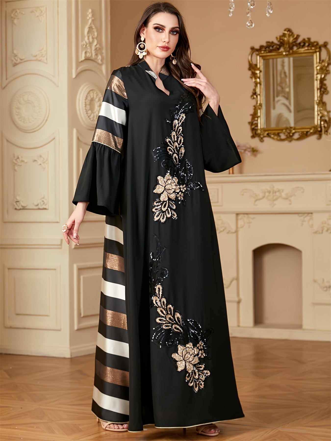 Black & Golden Ramadan Abaya Dress | Loose Fit, 100% Polyester, Long Sleeve, Modern Floral Print, Sequin Patchwork Kebaya for Muslim Women - Modest Eid & Daily Wear