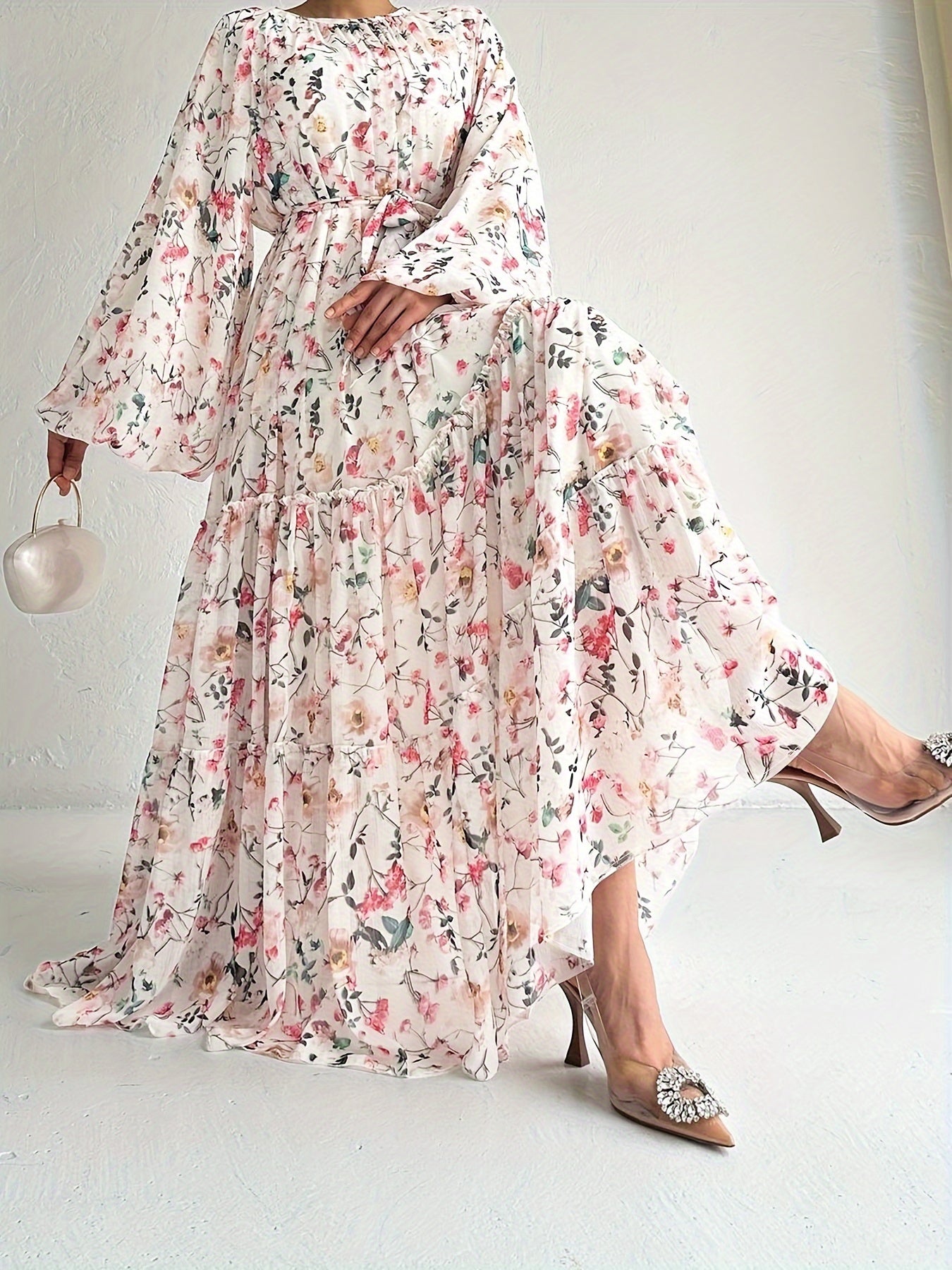 Elegant Long Sleeve Maxi Kaftan Abaya - Floral Print, Micro Elastic Polyester, Belted, Machine Washable, Middle Eastern Style, Random Printing - Perfect for All Seasons