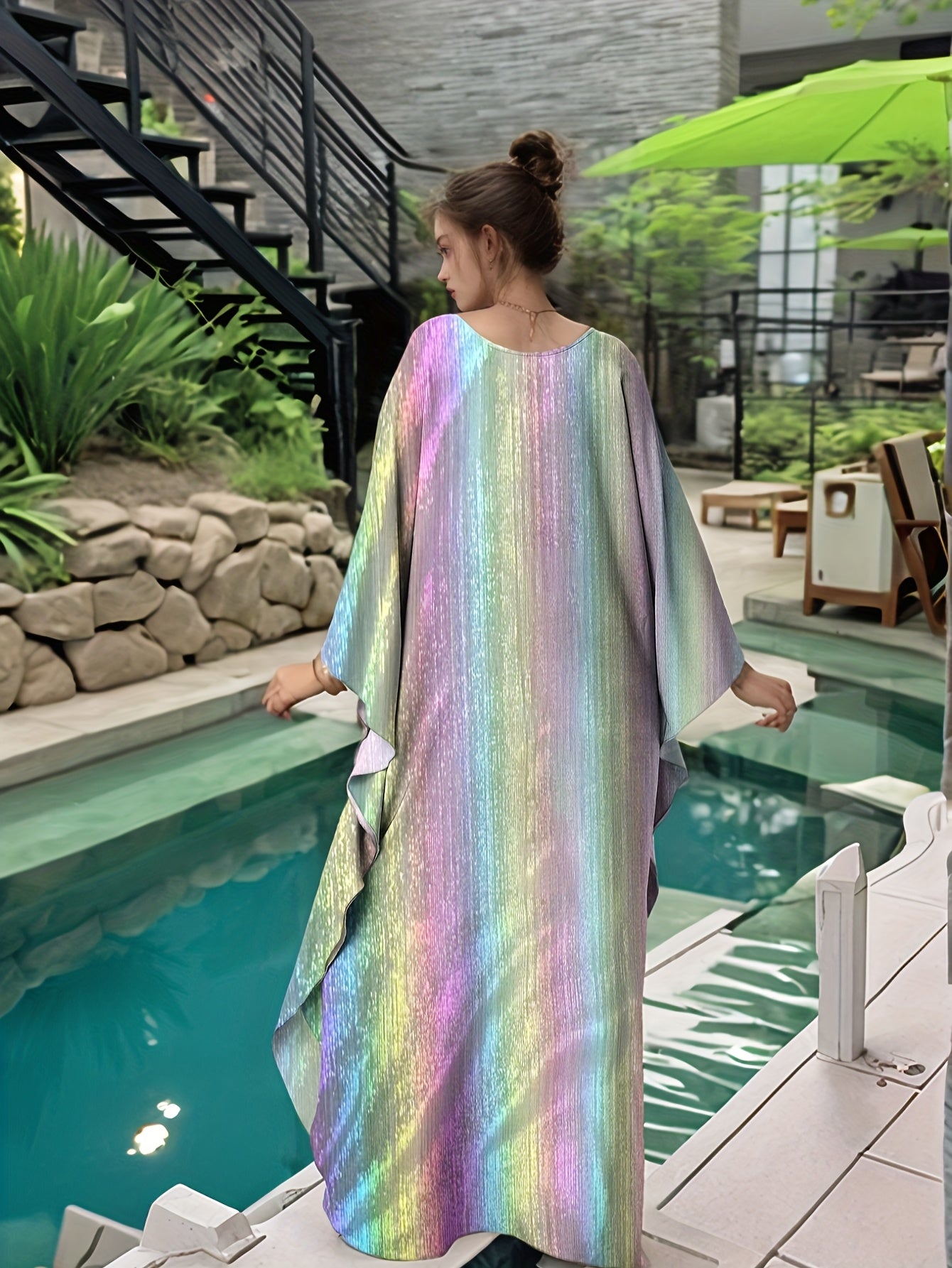Kaftan Dresses For Women Sparkly Glitter Batwing Sleeve Kaftan Cover Up Beach Maxi Dress Loungewear