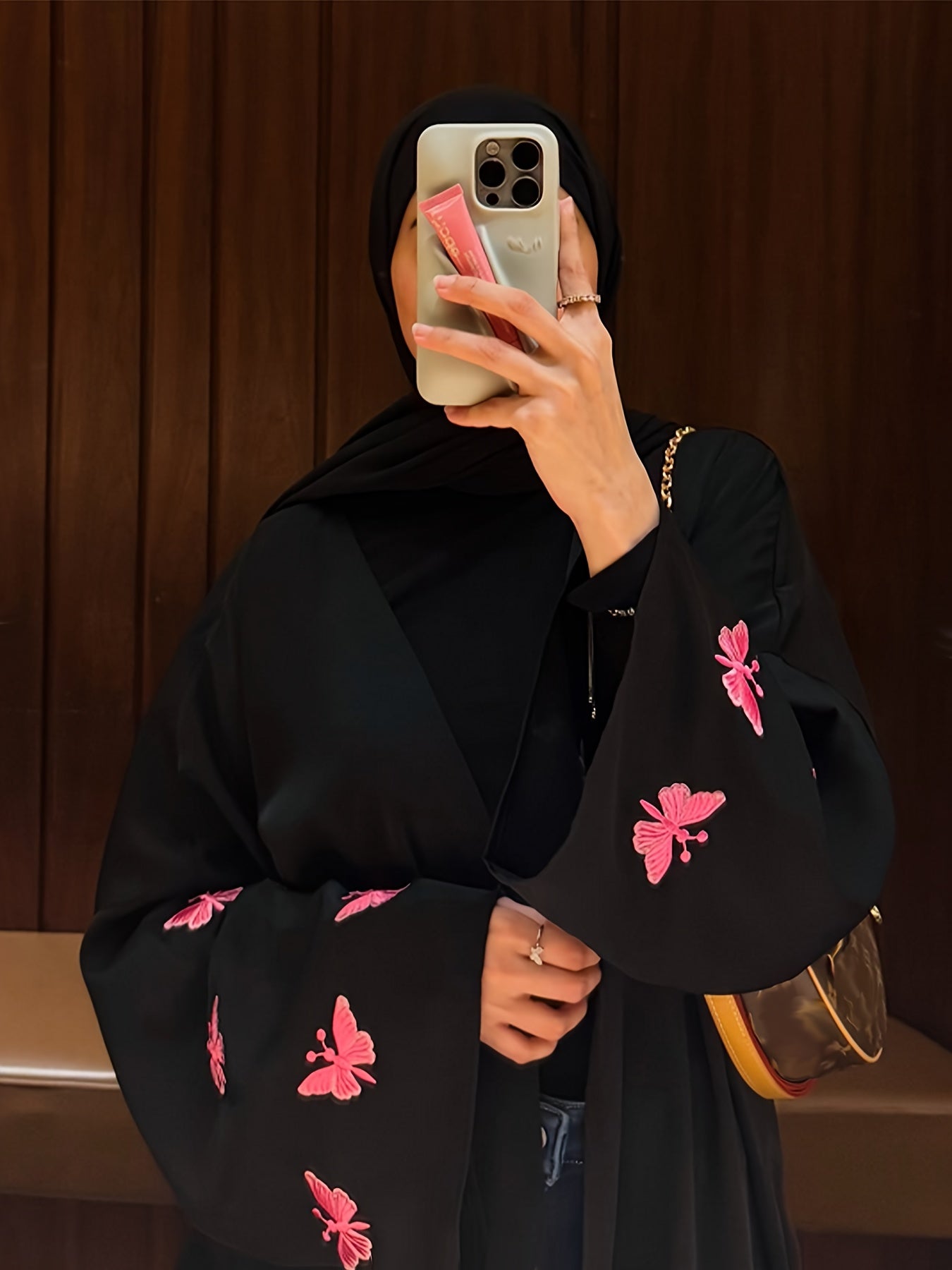 Oriental Women's Elegant Solid Color Embroidered Butterfly Batwing Sleeve Abaya, Saudi Dubai Loose Fit Black Satin Open Front Bathrobe, Casual Long Robe Dress 1pc Outerwear for Daily Wear and Festivals