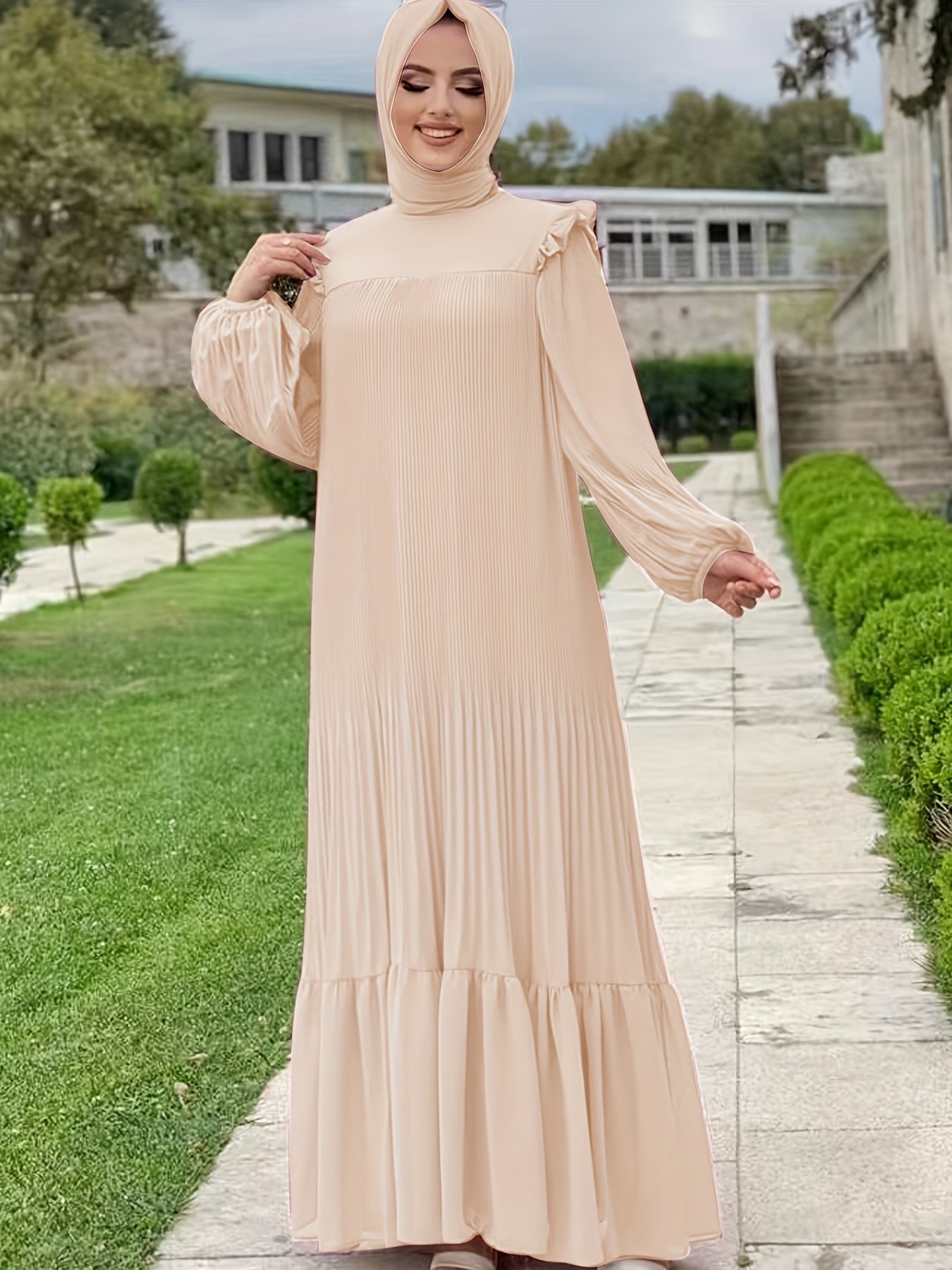 Women's Middle Eastern Muslim Baju Abaya Dress - Solid Color Pleated Long Sleeve with Belted Waist, Lightweight Breathable Fabric, Machine Washable Traditional Modest Dress