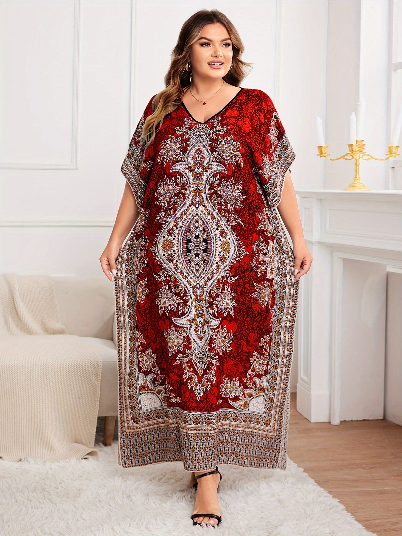 Plus Size, European and American Plus Size Women's Bohemian Vacation Dress with Middle Eastern Kaftan Abaya Style