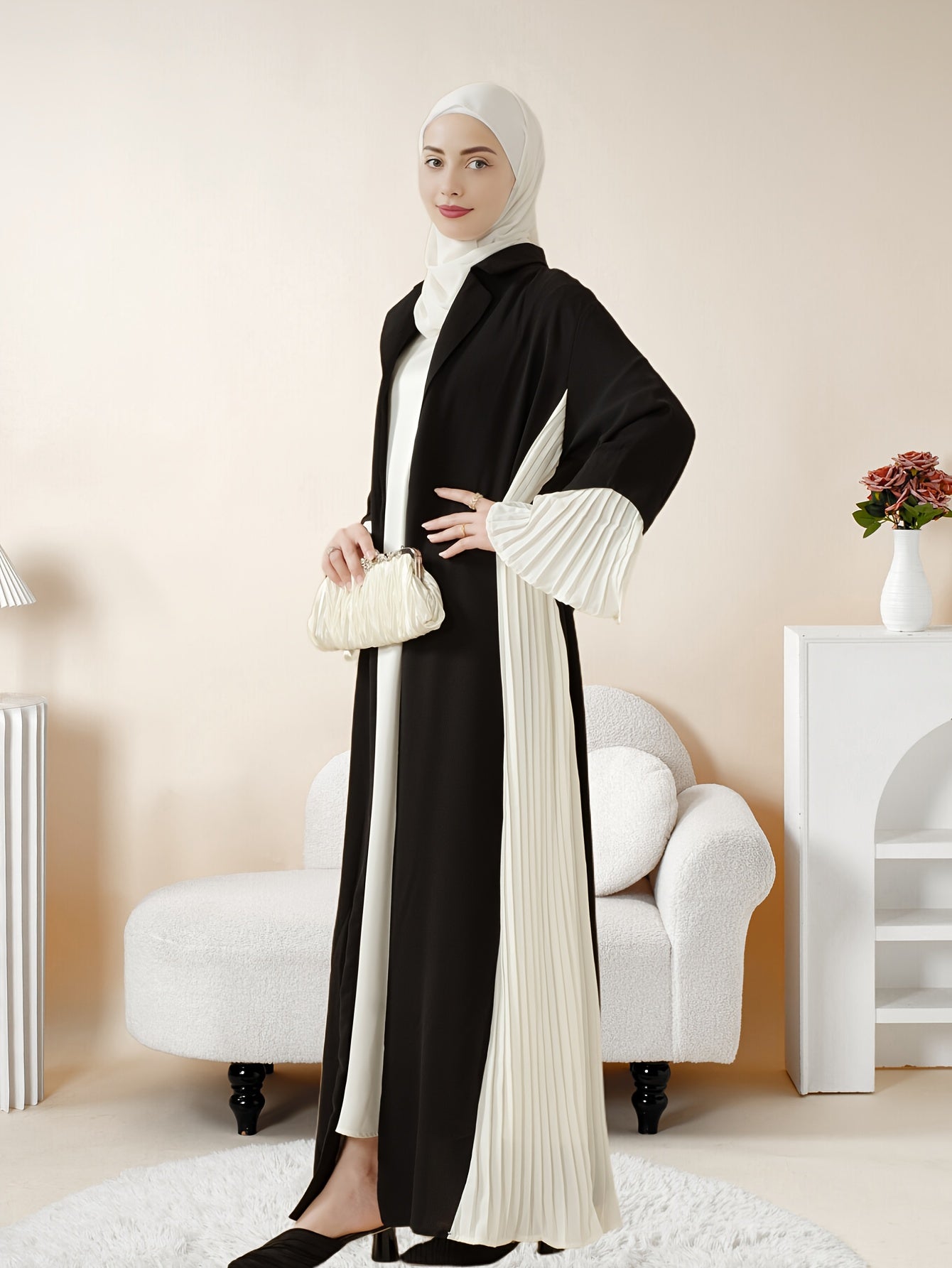 Elegant Black and White Contrast Pleated Open Front Abaya, Summer Lightweight H-Line Silhouette, Breathable Non-Stretch Fabric, Regular Sleeve Design for Women, Cultural & Formal Wear