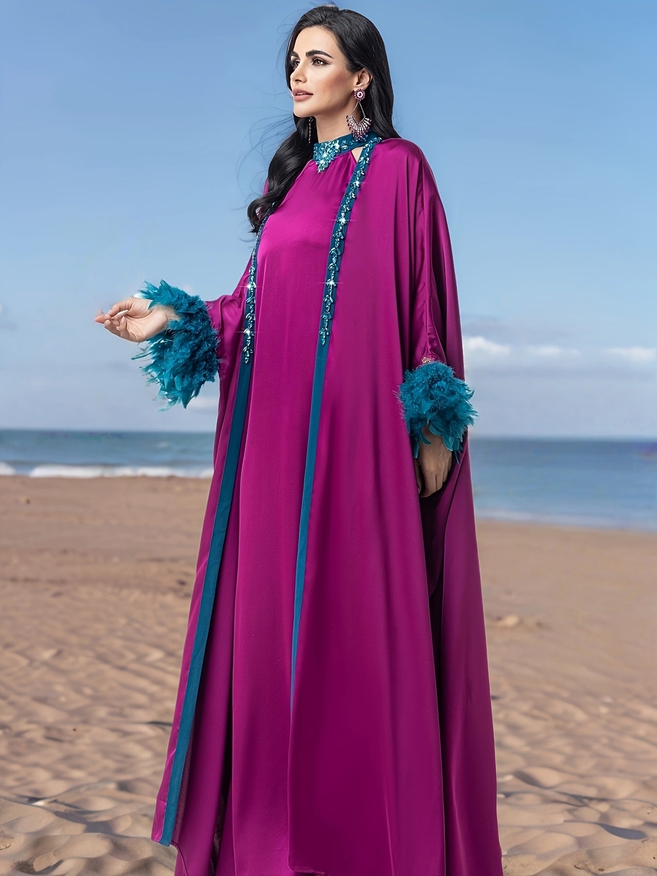 Elegant Purple Three-Piece Robe Set with Blue Sleeves and Sequined Collar, Featuring Modern Abaya Gown With Headscarf for an Air of Sophistication