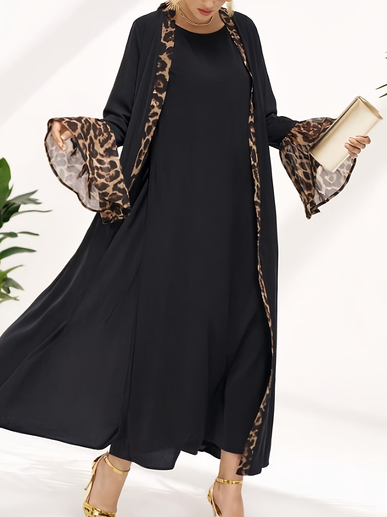 Plus Size, Graceful Women's Two-Piece Long Dress Set with Leopard Print Patchwork, Middle Eastern Pakistani Abaya Muslim Abaya 2pcs Long Sleeve Jumpsuit Casual Elegant Robe