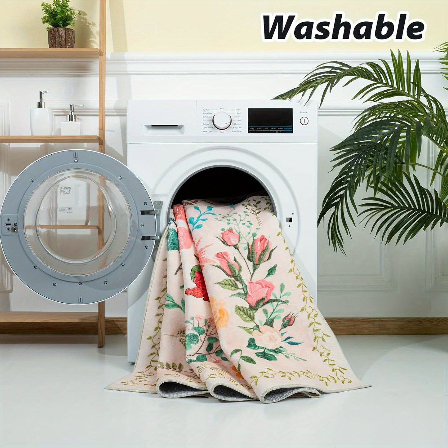 Vibrant Floral Print Area Mat - Soft Beige Imitation Cashmere, Anti-Slip & Machine Washable, Perfect for Living Room, Bedroom, or Home Decor, Rugs for Living Room