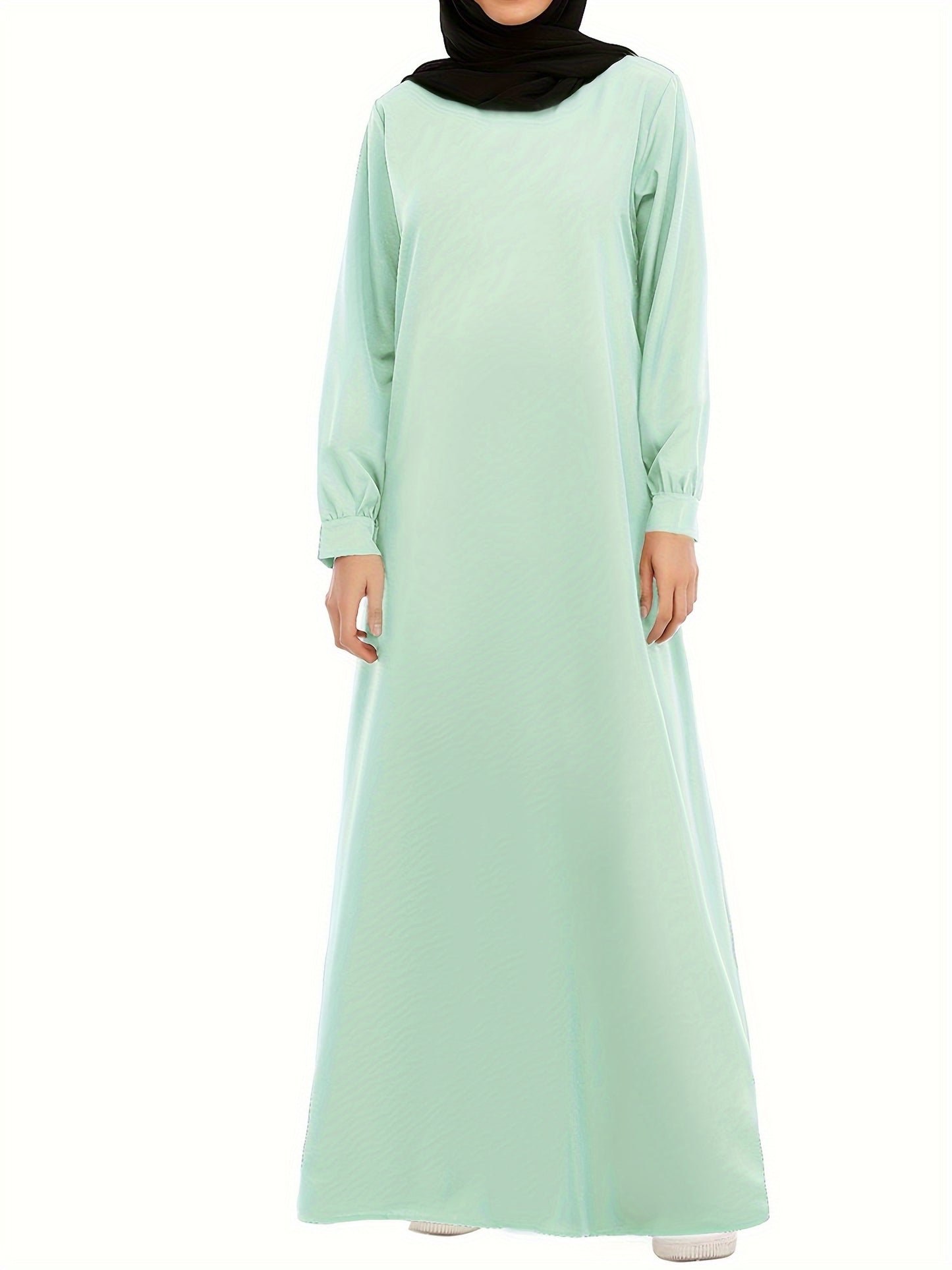 Ramadan Crew Neck Long Sleeve Modest Arabic Abaya, Solid Color Zipper Maxi Length Dress, Women's Clothing