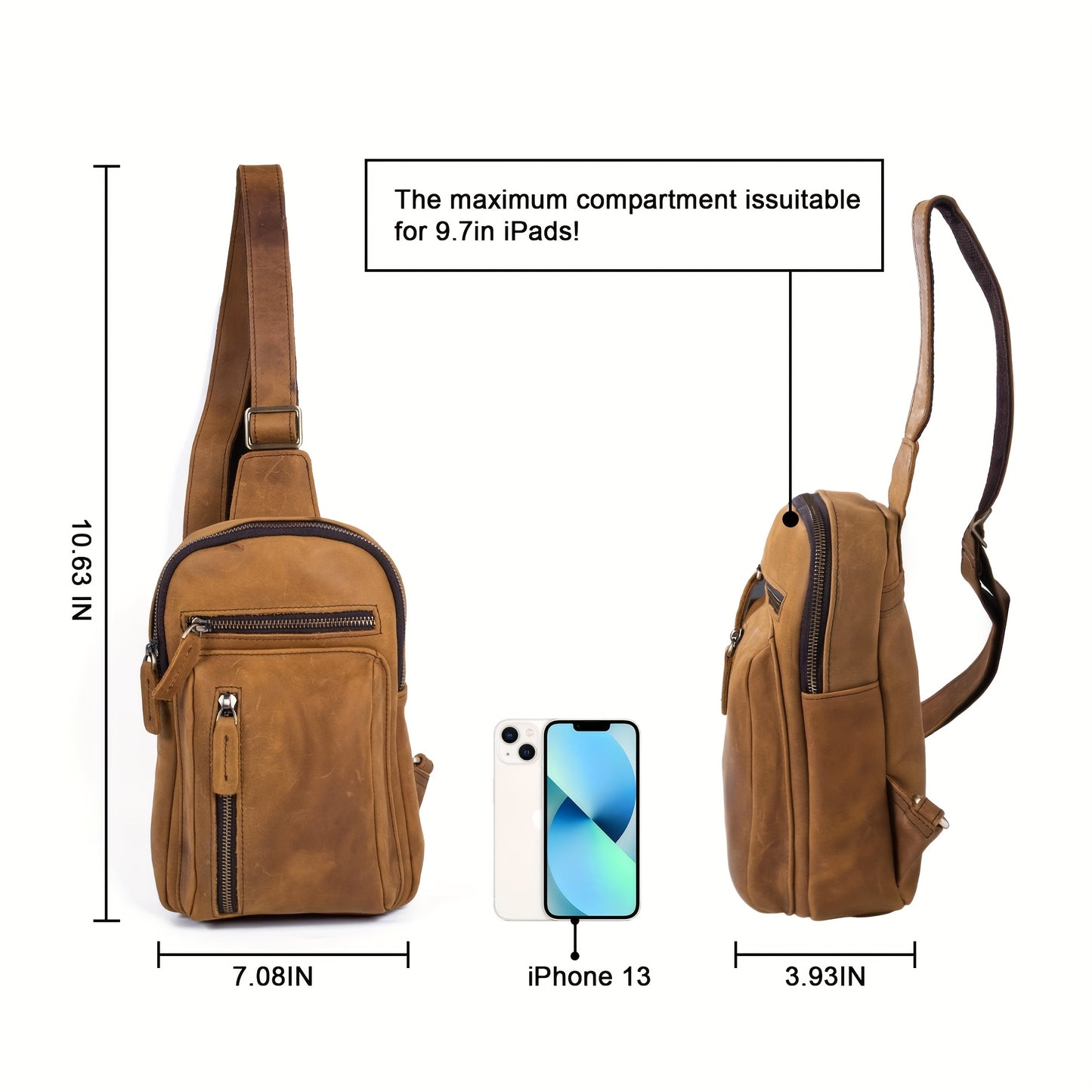 Men's Premium Crazy Horse Leather Sling Bag - Adjustable Crossbody Waist Pack with Multiple Compartments