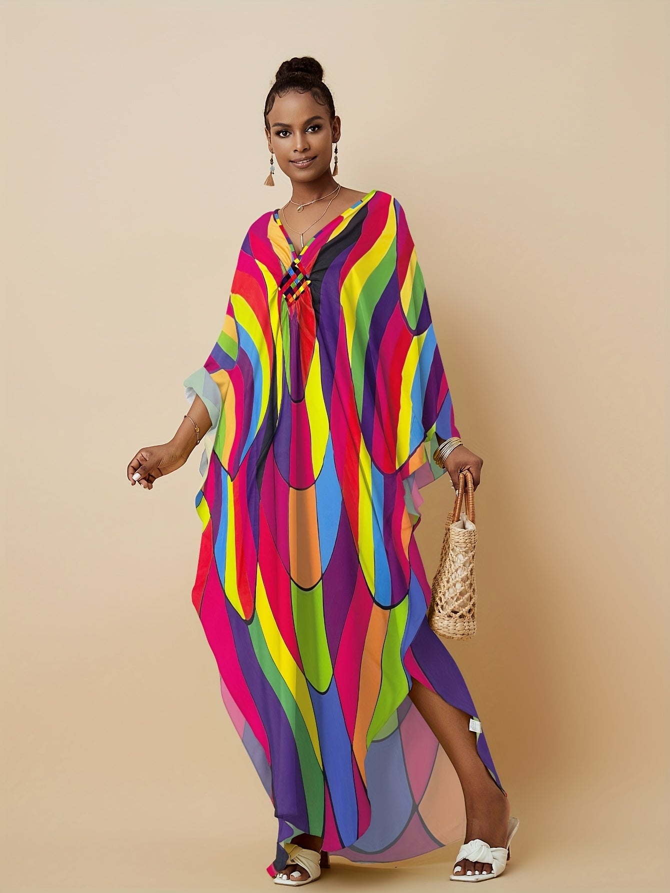 Plus Size, Women's Plus Size Kaftan Dresses Colorful Color Block Patterns Rainbow Prints Ethnic Style Dress Vacation Plus Size Kaftan Robe Beach Cover Up Elegant Kaftan Dress