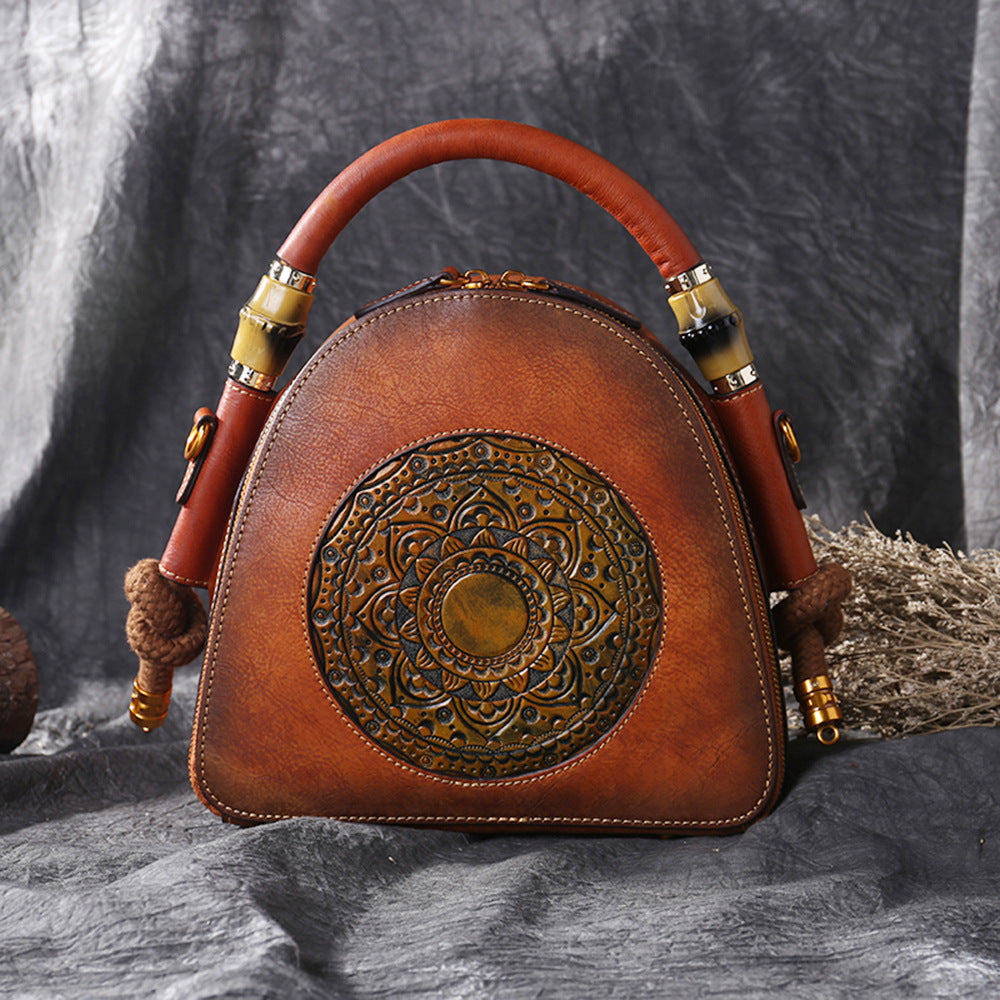 Genuine Leather Women's Crossbody Bag - Retro Chinese-Style Embossed Design, Adjustable Shoulder Strap, Zipper Closure, Top-Grain Cowhide Shell