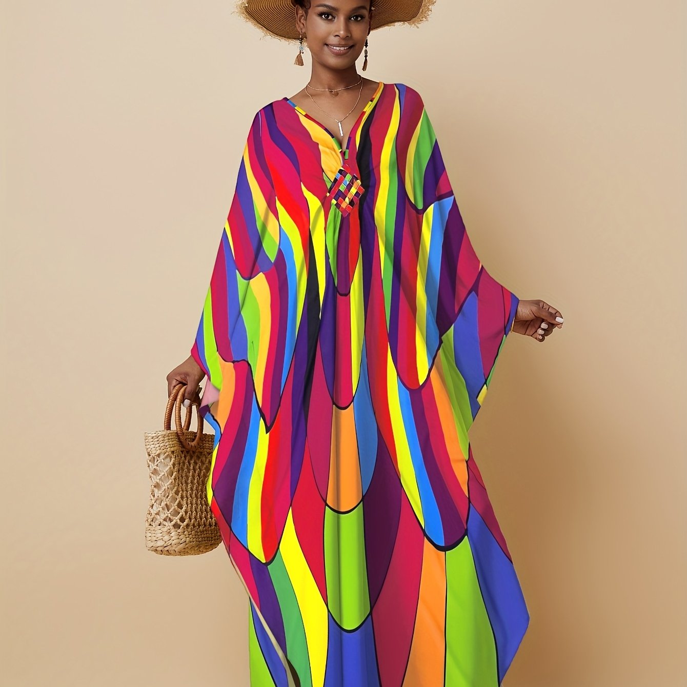 Plus Size, Women's Plus Size Kaftan Dresses Colorful Color Block Patterns Rainbow Prints Ethnic Style Dress Vacation Plus Size Kaftan Robe Beach Cover Up Elegant Kaftan Dress