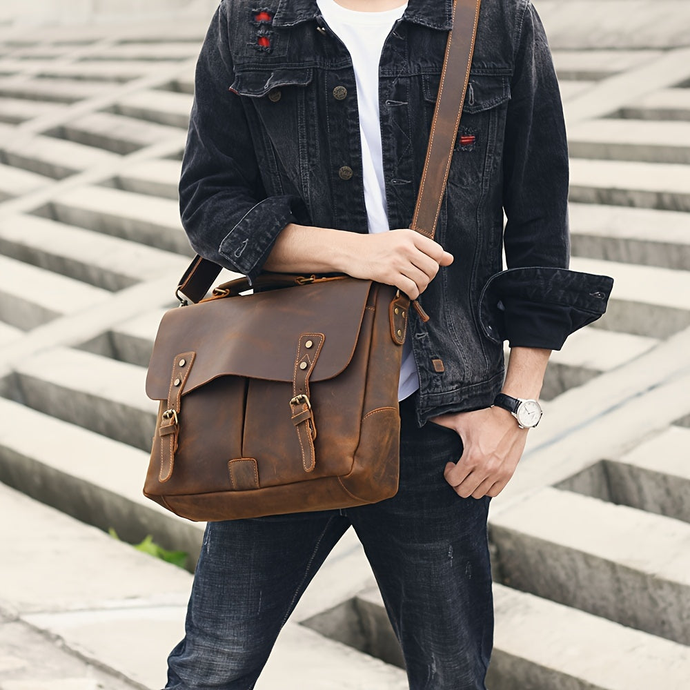 Vintage Brown Cowhide Men's Vintage Genuine Leather Messenger Bag - Adjustable Strap, Multiple Compartments, Zipper Closure, Distressed Finish, Functional Design