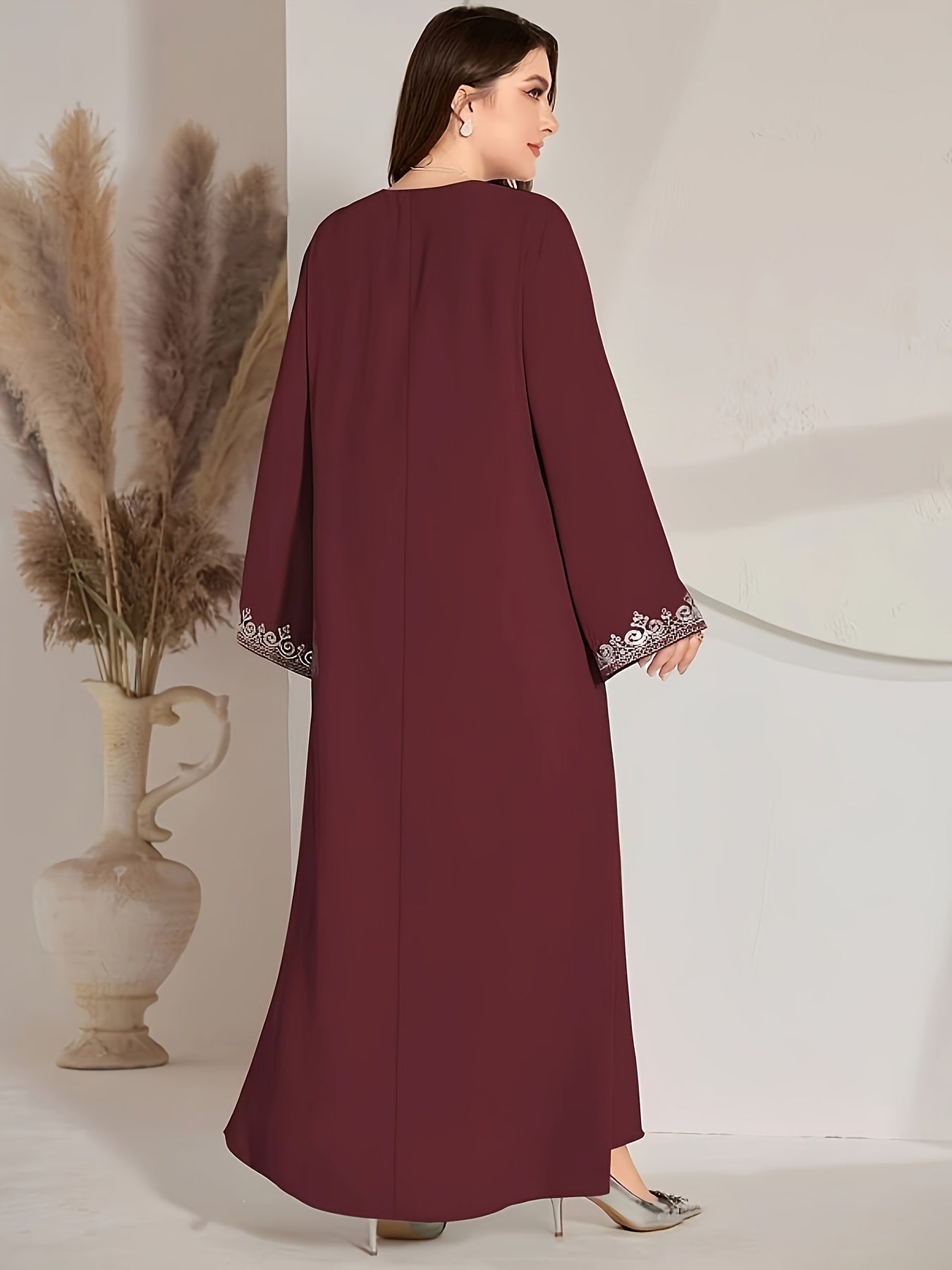 Plus Size Ethnic V-Neck Long Sleeve Arabic Abaya with White Floral Print on Wine Red - Loose Fit H-Line Silhouette, Machine Washable Middle Eastern-Inspired Casual to Formal Wear
