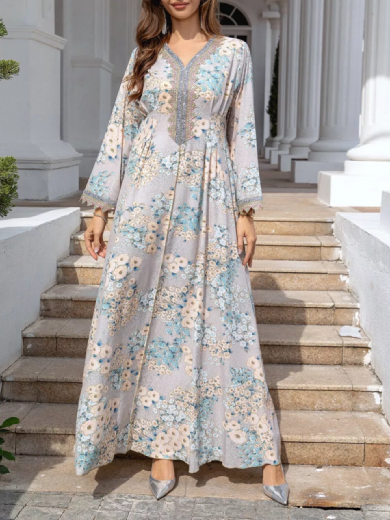 Women'S Light Blue Floral Print Abaya Baju Dress